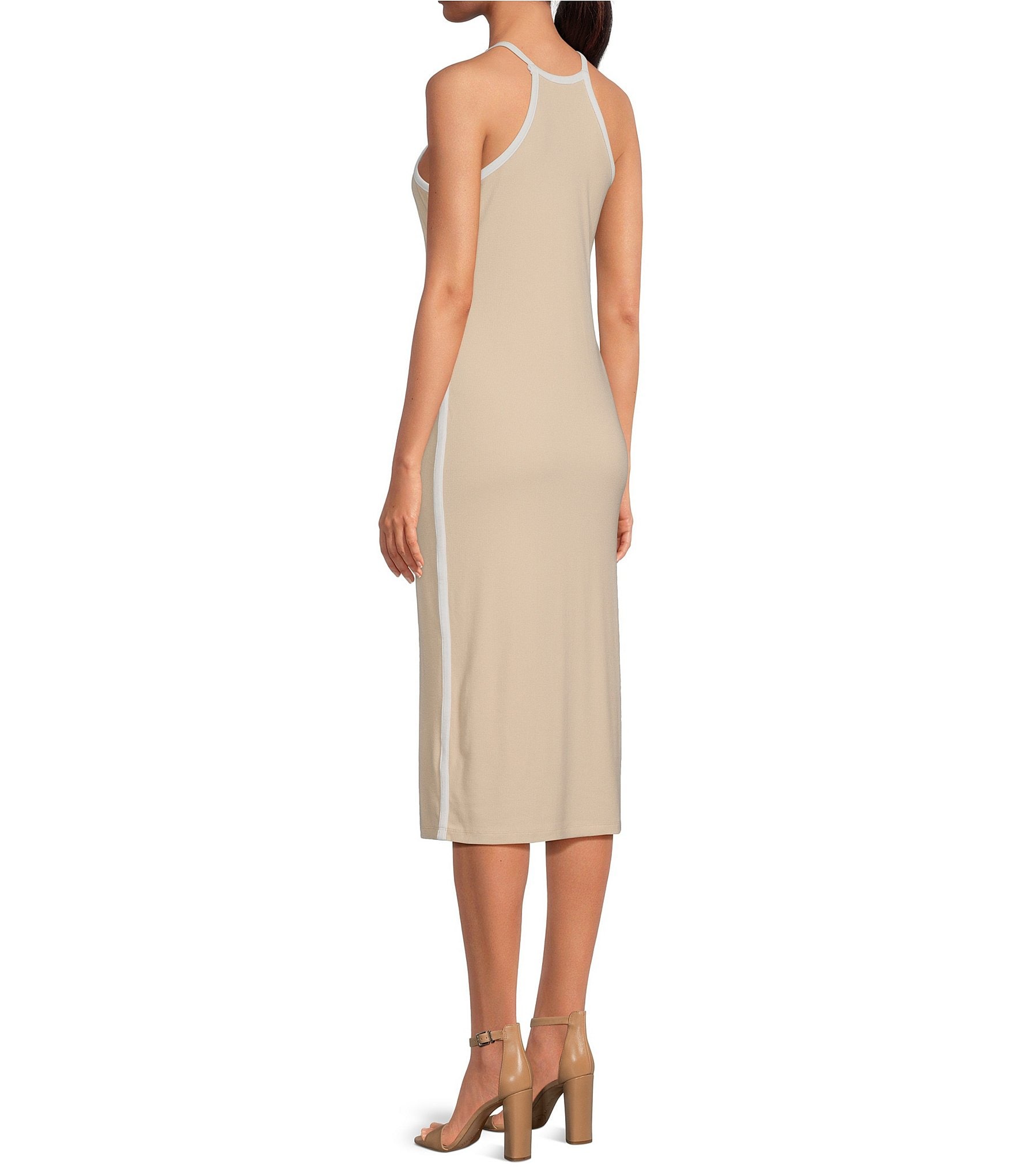 Gianni Bini Kinsley Span Knit Ribbed Cutout Halter Neck Midi Sheath Dress