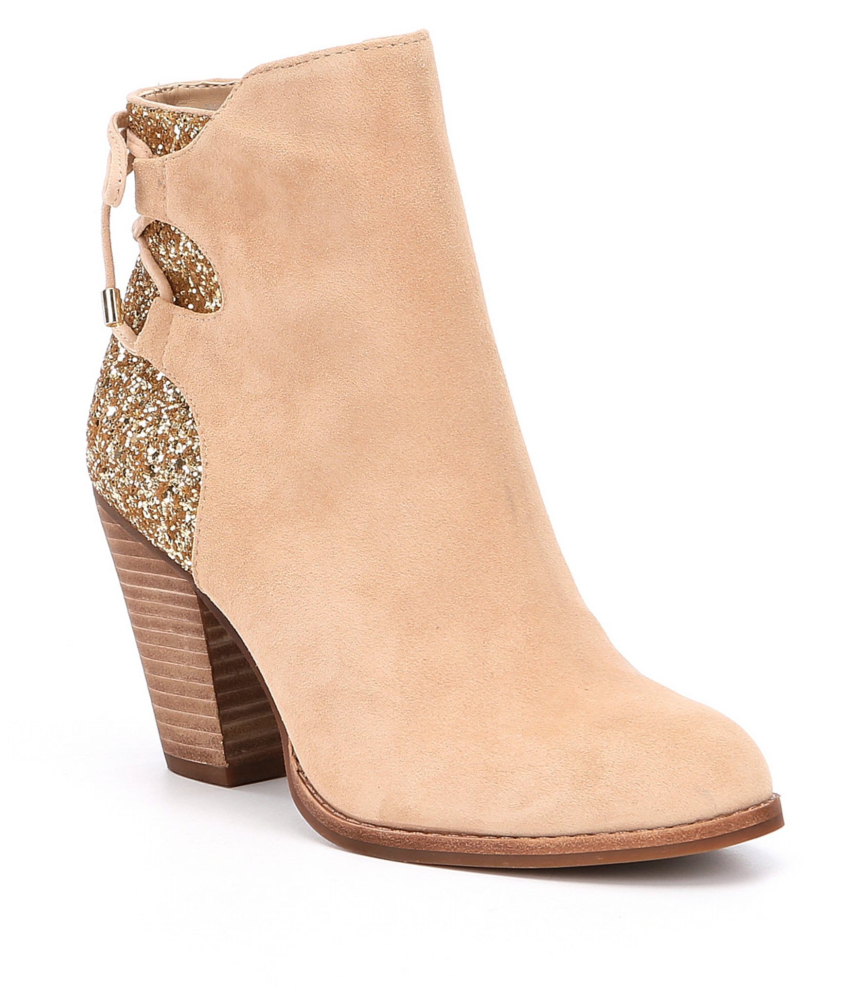 Gianni Bini Lulah Suede and Glitter Mix Tie Back Block Heel Booties ...