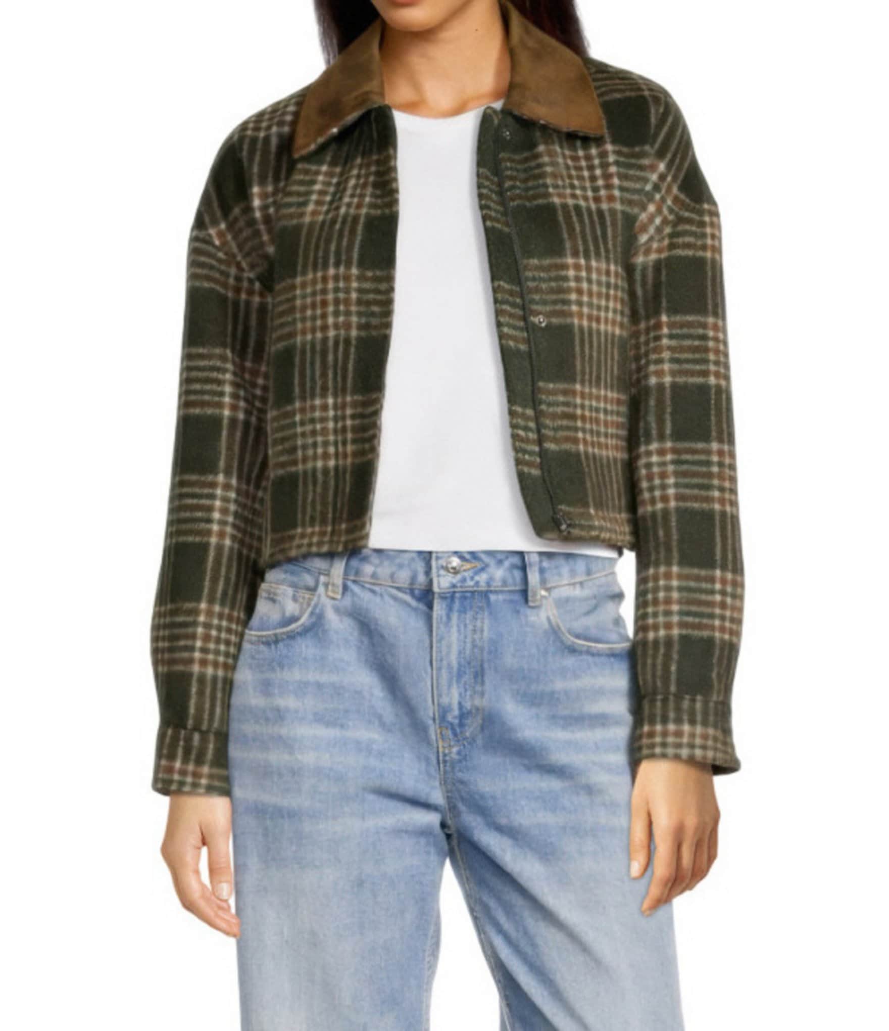 Gianni Bini North Brushed Plaid Suede Collar Bomber Jacket