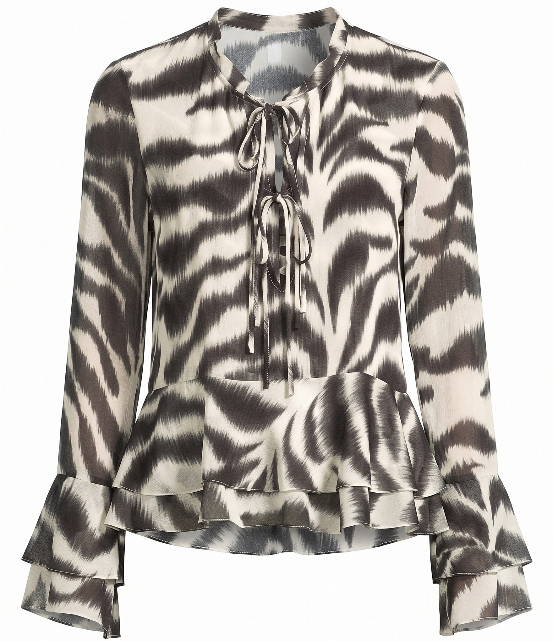 Gianni Bini Rue Zebra Printed Tie Front V-Neck Long Sleeve Chiffon Blouse