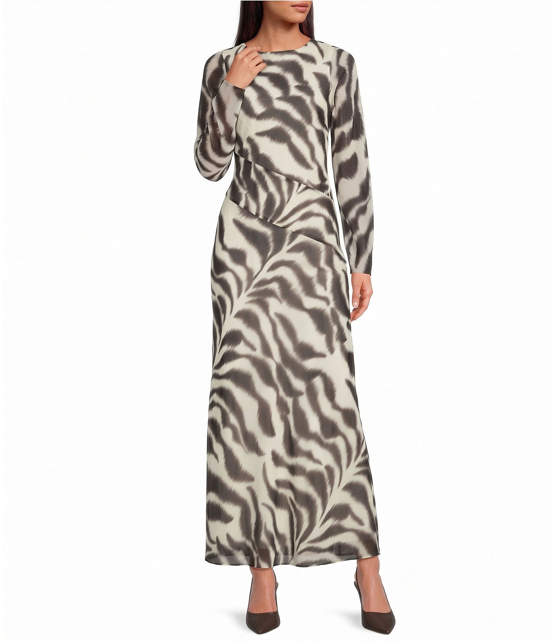 Gianni Bini Rumi Zebra Printed Boat Neck Long Sleeve Chiffon Maxi Dress