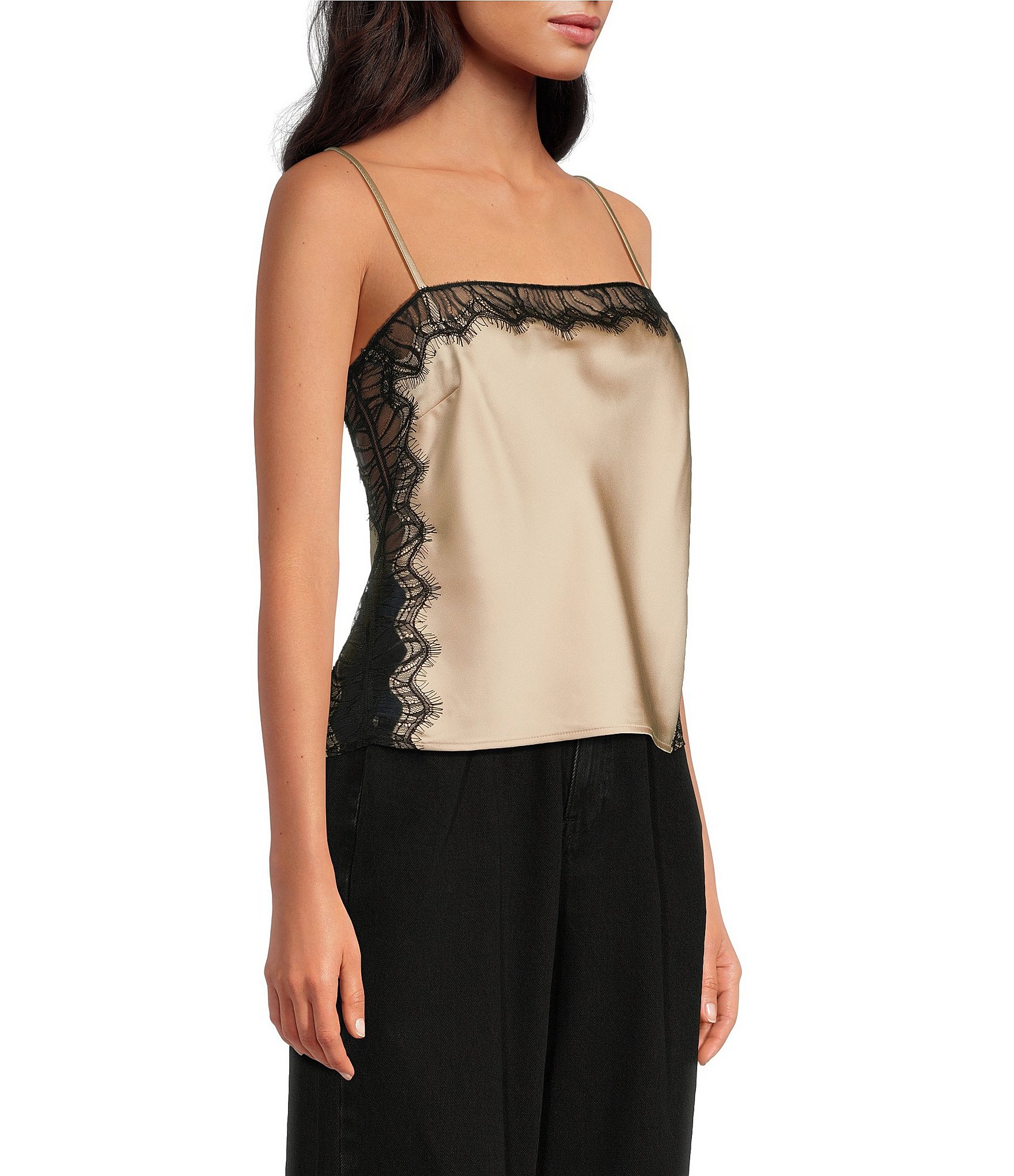 Gianni Bini Shira Woven Drapey Satin Contrast Lace Trim Square Neck Spaghetti Strap Camisole