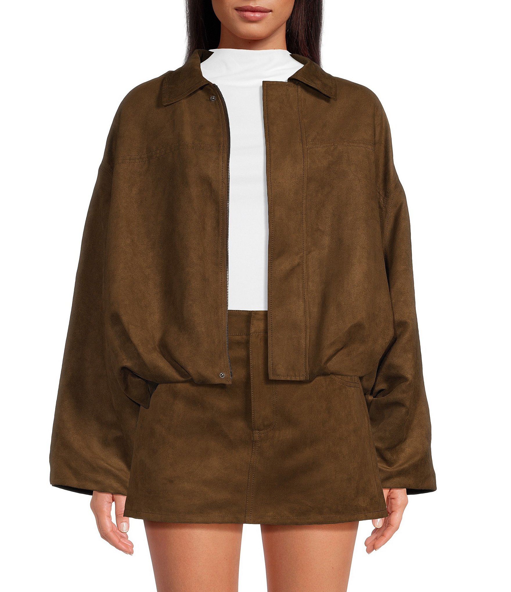 Gianni Bini Suede Collared Long Sleeve Coordinating Bomber Jacket
