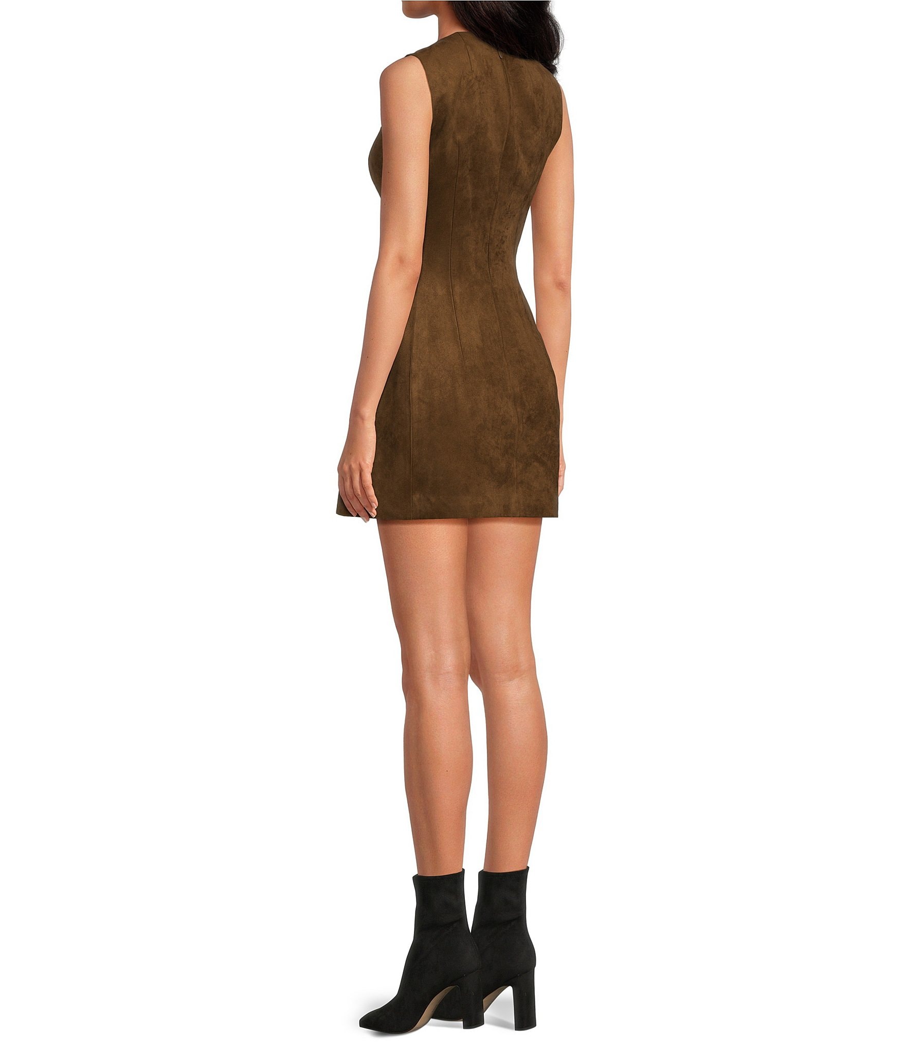Gianni Bini Suede Round Neck Sleeveless Structured A-Line Mini Dress