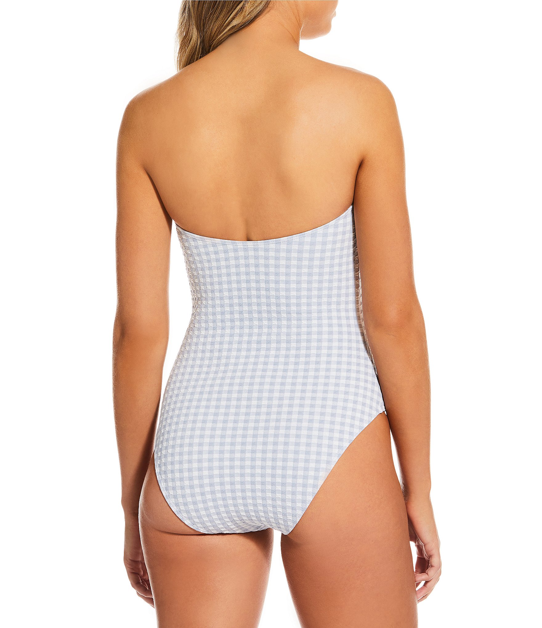 Gianni Bini Textured Gingham Loop Trim Bandeau One Piece Swimsuit