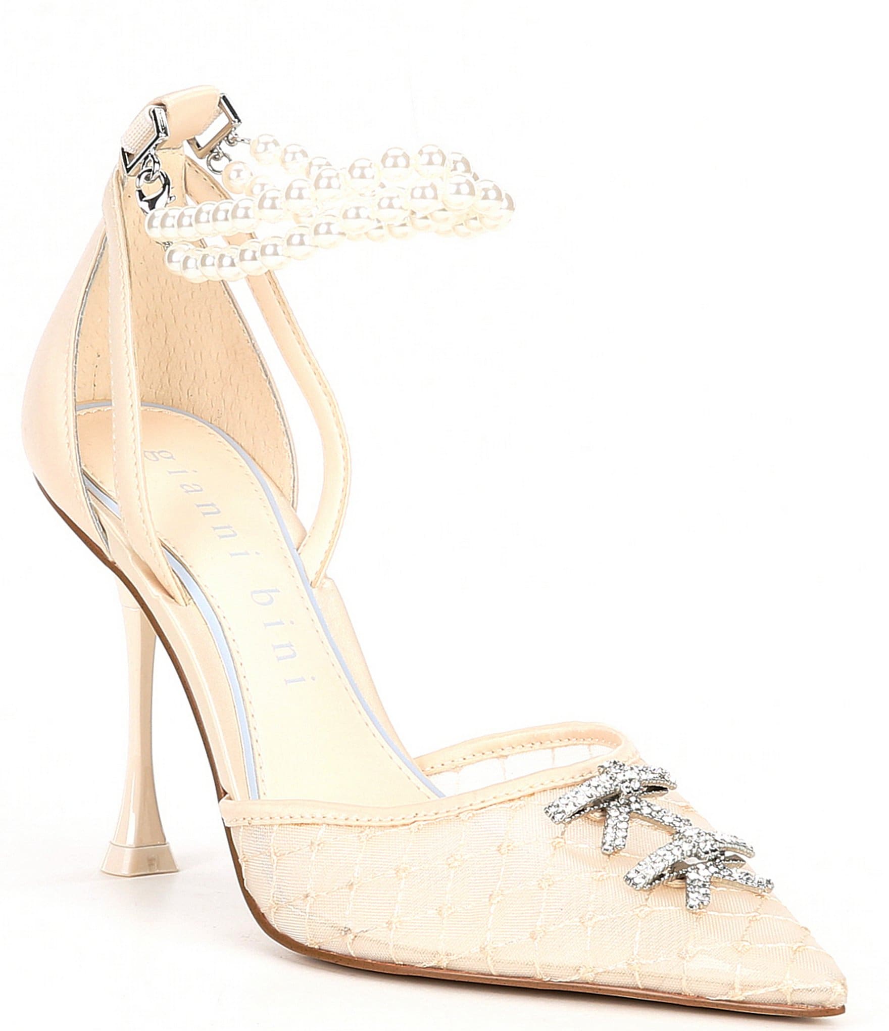 Gianni Bini Trischa Mesh Pearl Anklet Rhinestone Bow Pointed Toe Pumps ...