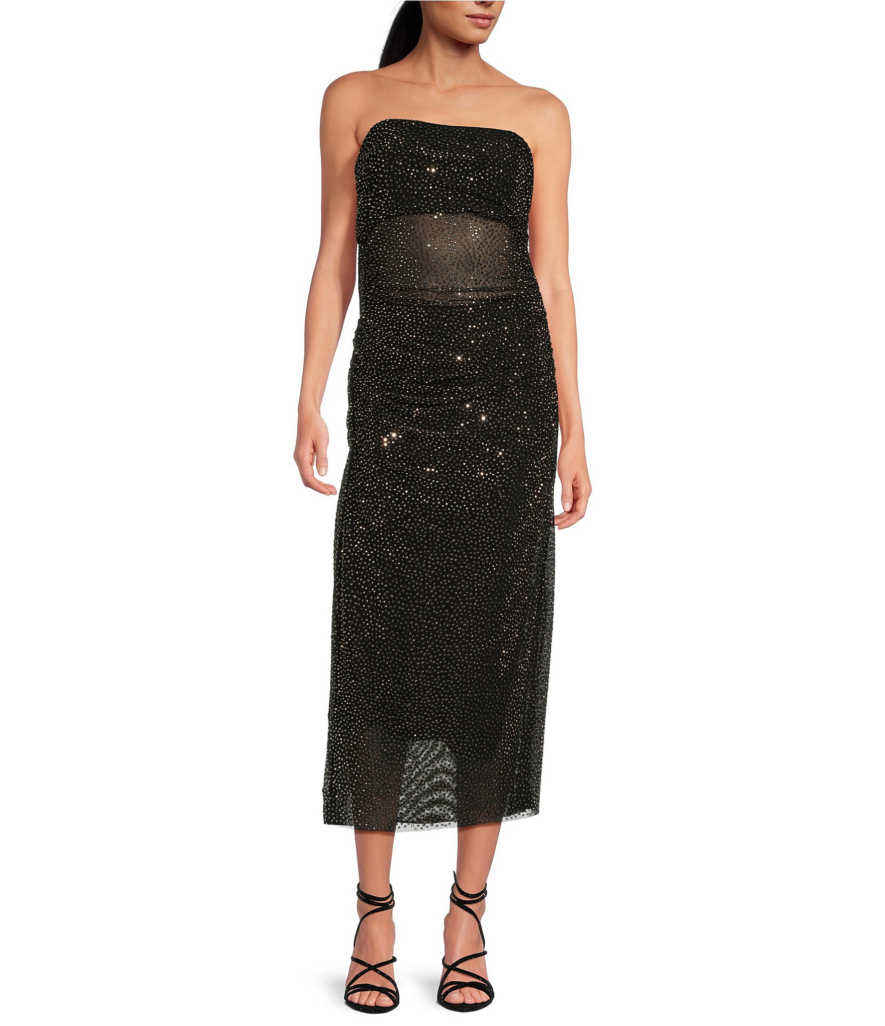 Gianni Bini Willow Rhinestone Mesh Ruched Straight Neck Sleeveless ...