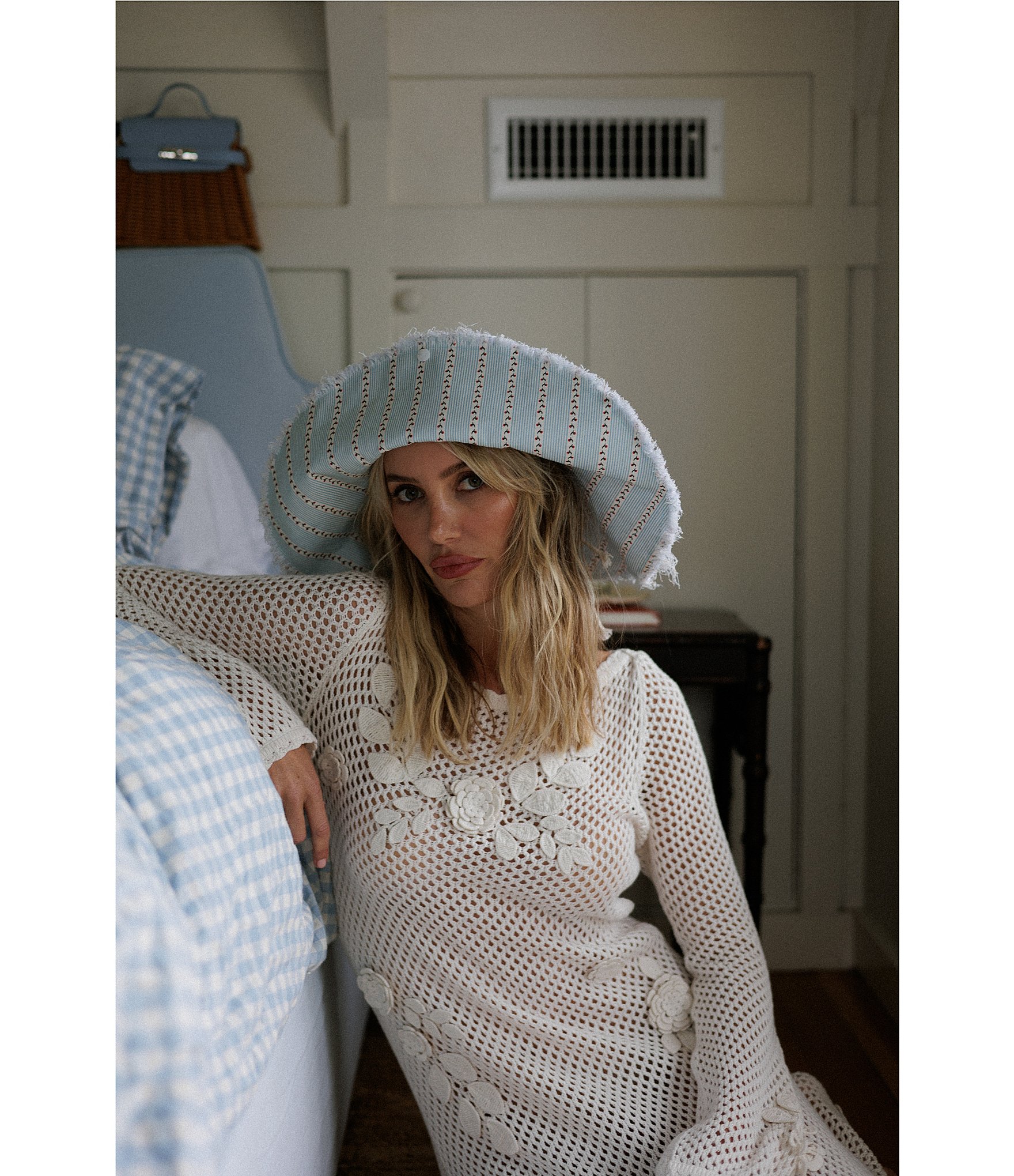Gianni Bini x Cyd Morris The Leo Stripe Print Front Snap Brim Floppy Linen Hat