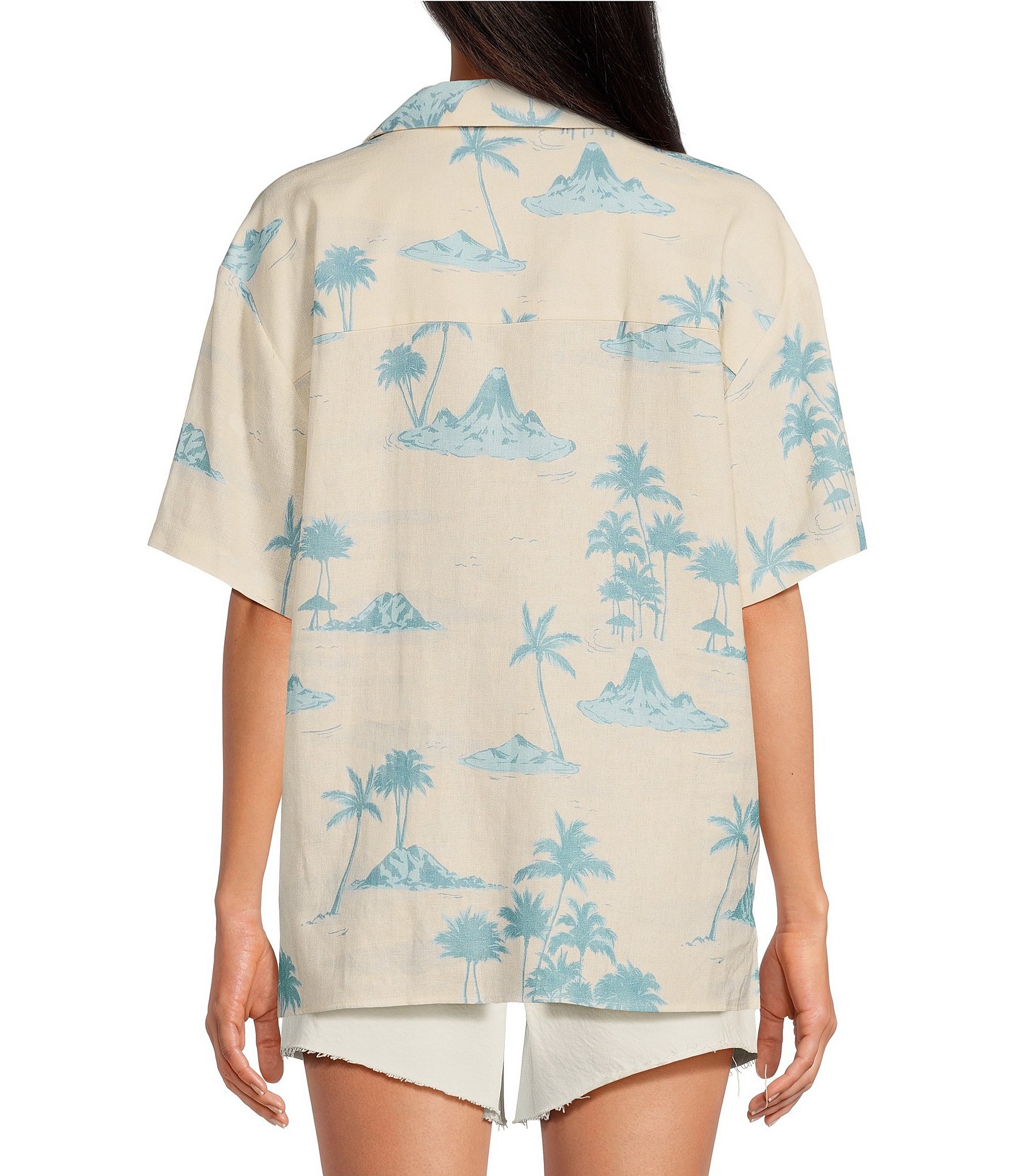 Gianni Bini x DANNIJO Margaux Palm Tree Print Woven Button Front Short Sleeve Linen Blend Blouse