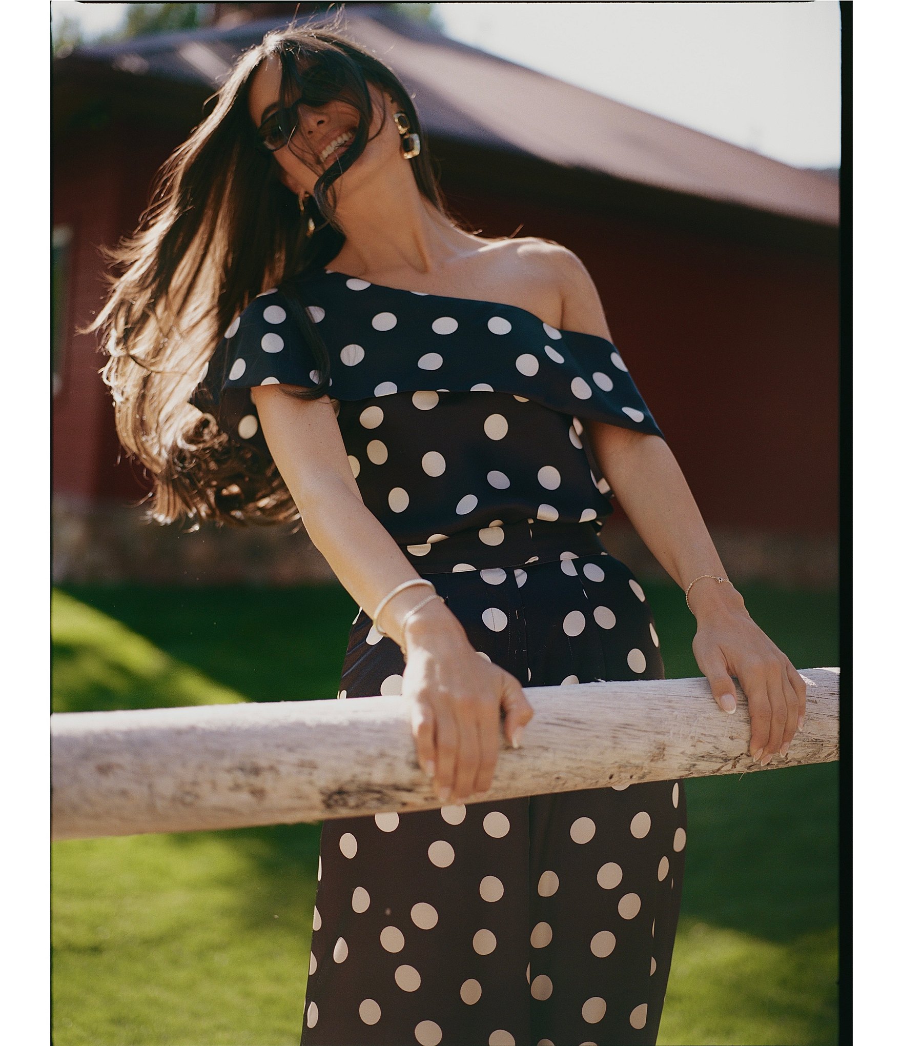 Gianni Bini x Sydney Silverman The Rudman Satin Polka Dot Print One Shoulder Coordinating Top