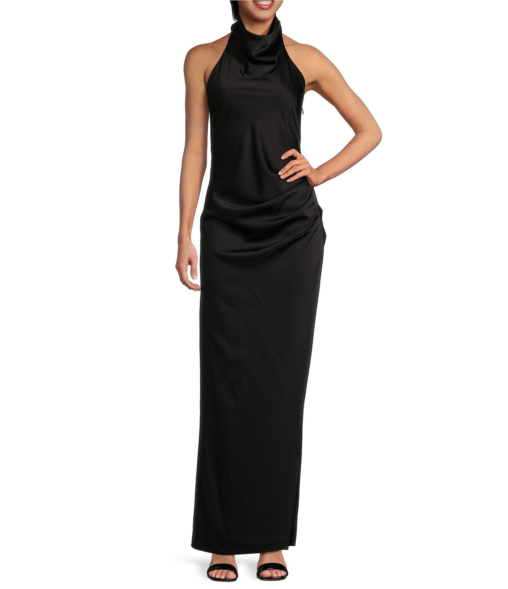 Gianni Bini Yelena Satin High Mock Neck Sleeveless Long Sheath Dress