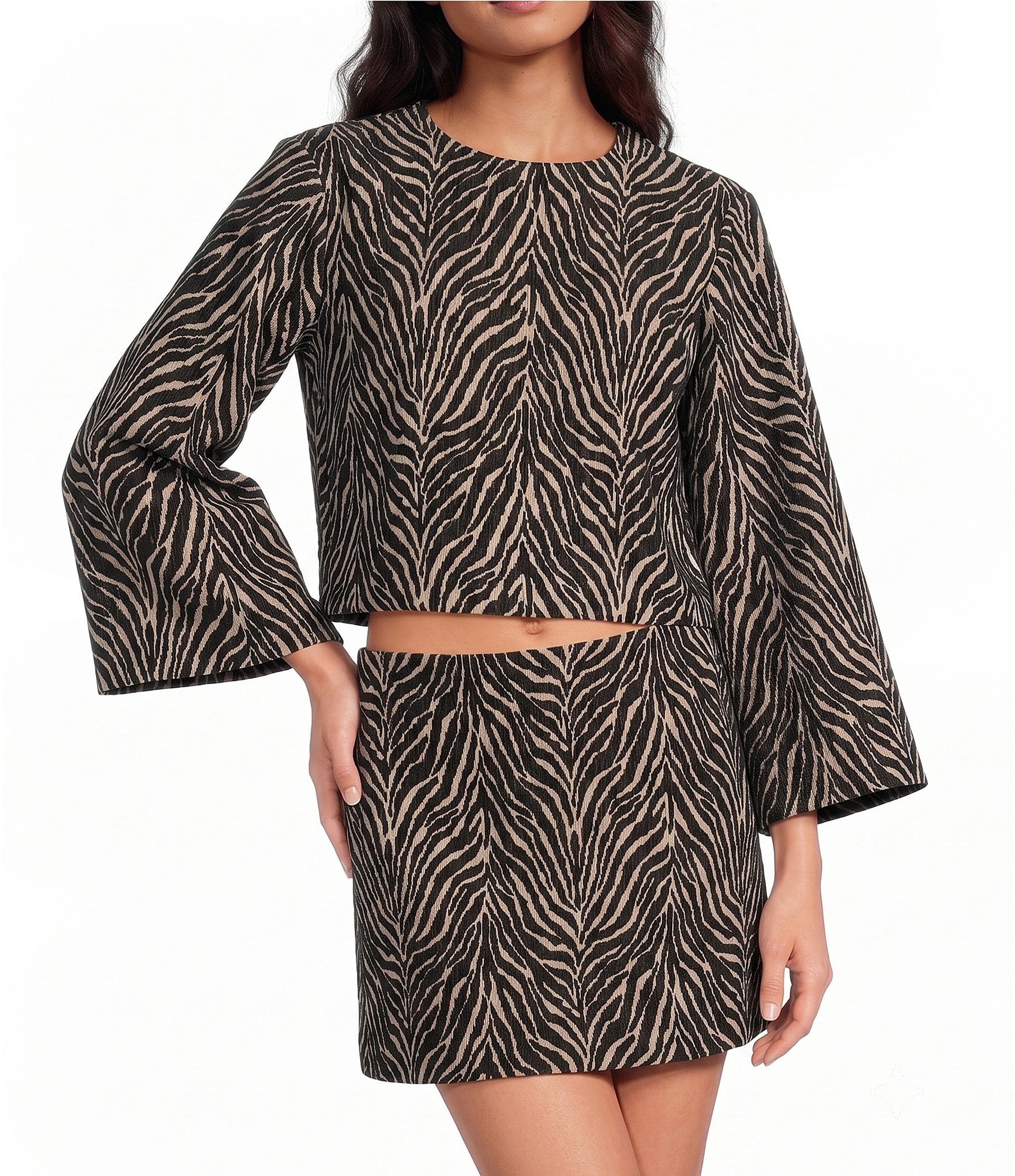 Gianni Bini Zebra Printed Jewel Neck Long Sleeve Jacquard Fawn Coordinating Top