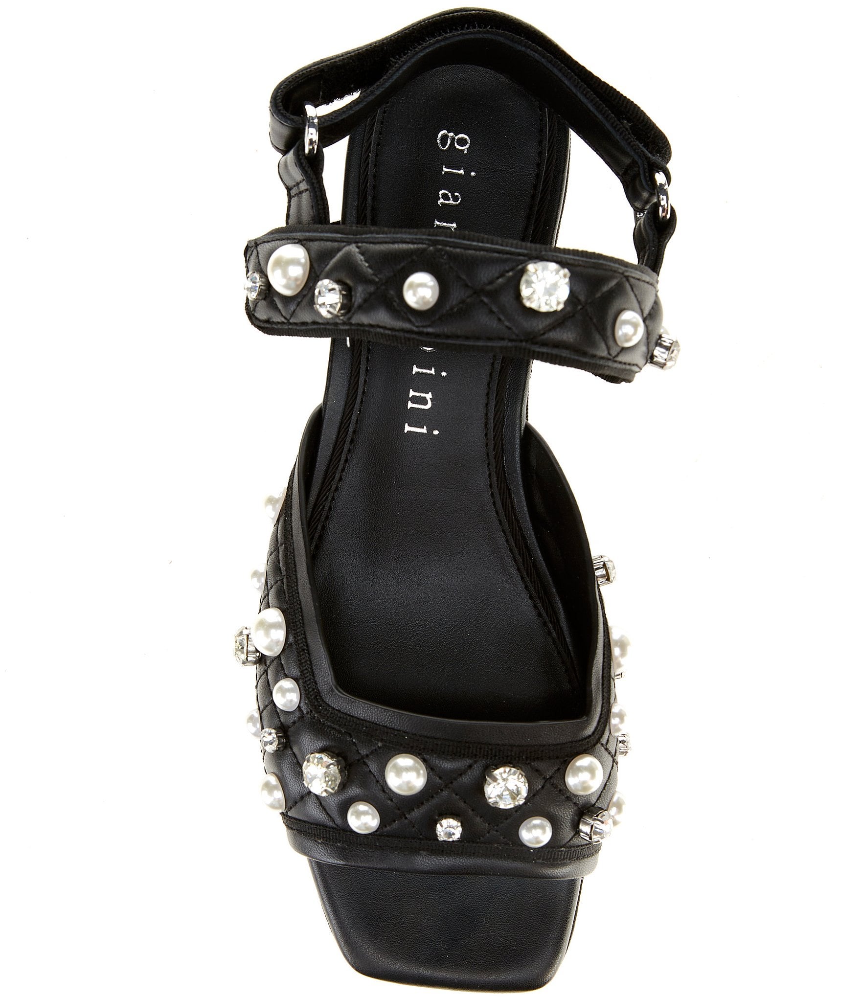 Gianni Bini Zoeyy Three Quilted Leather Pearl and Jewel Ornamented Square Toe Platform Sandals