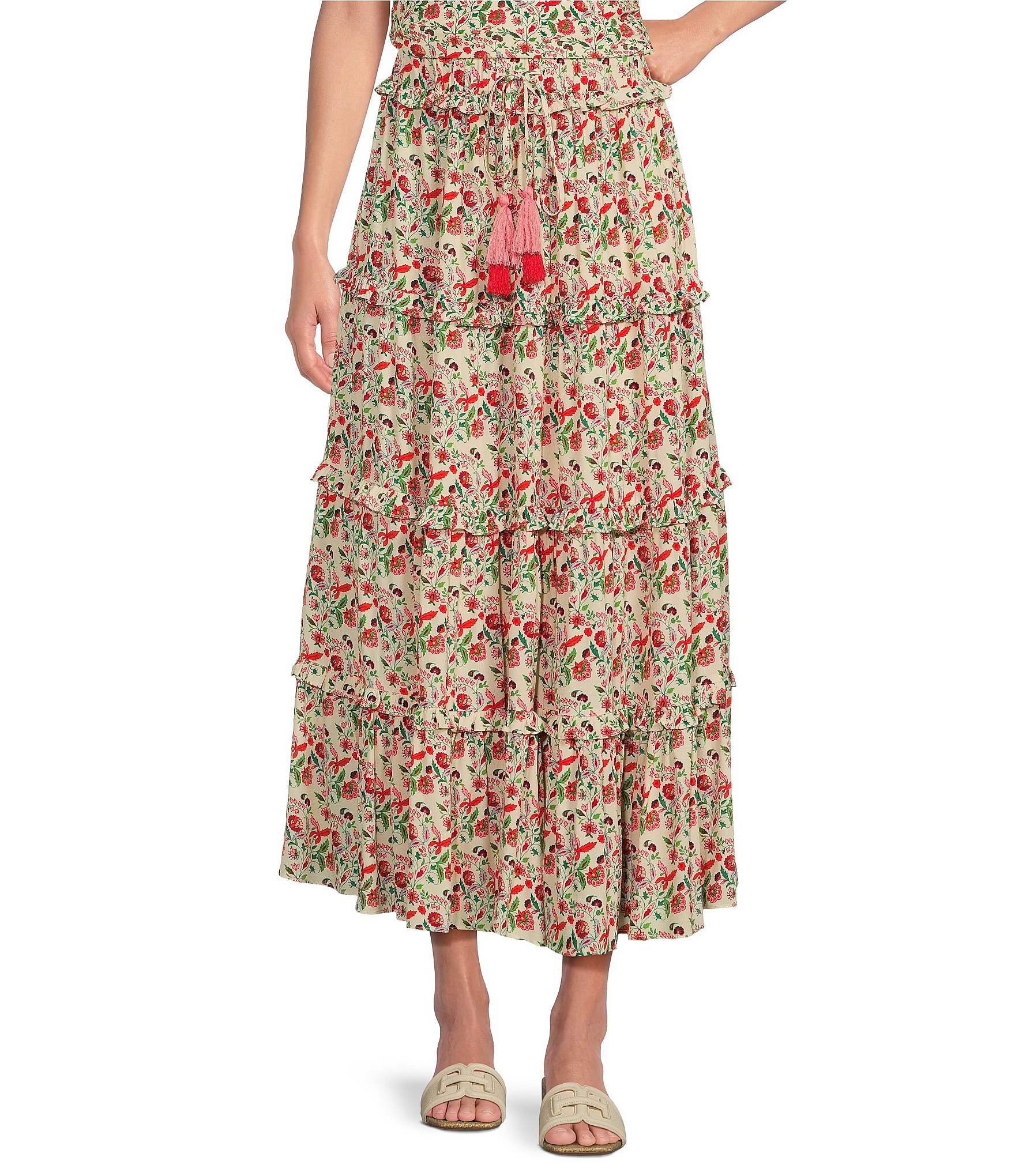 Gibson & Latimer Coordinating Floral Printed Tiered Maxi Skirt