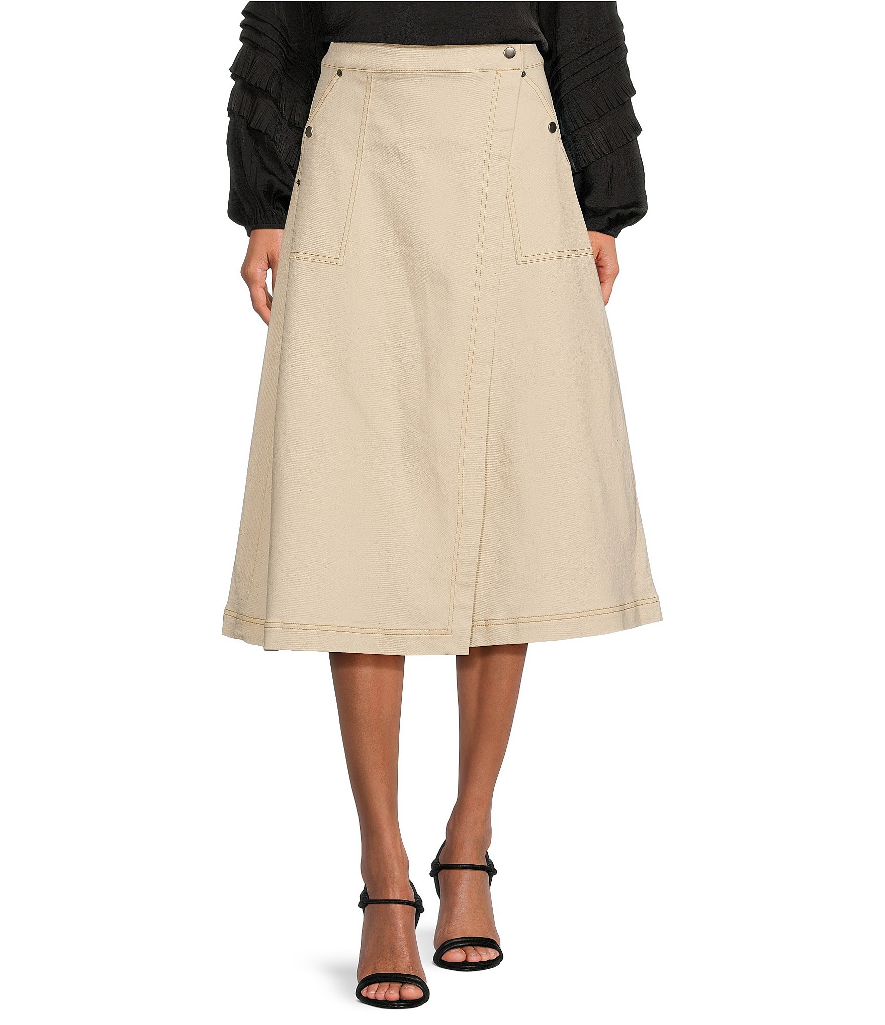 Gibson & Latimer Denim Rivet High Waist Wrap A-Line Midi Skirt | Dillard's