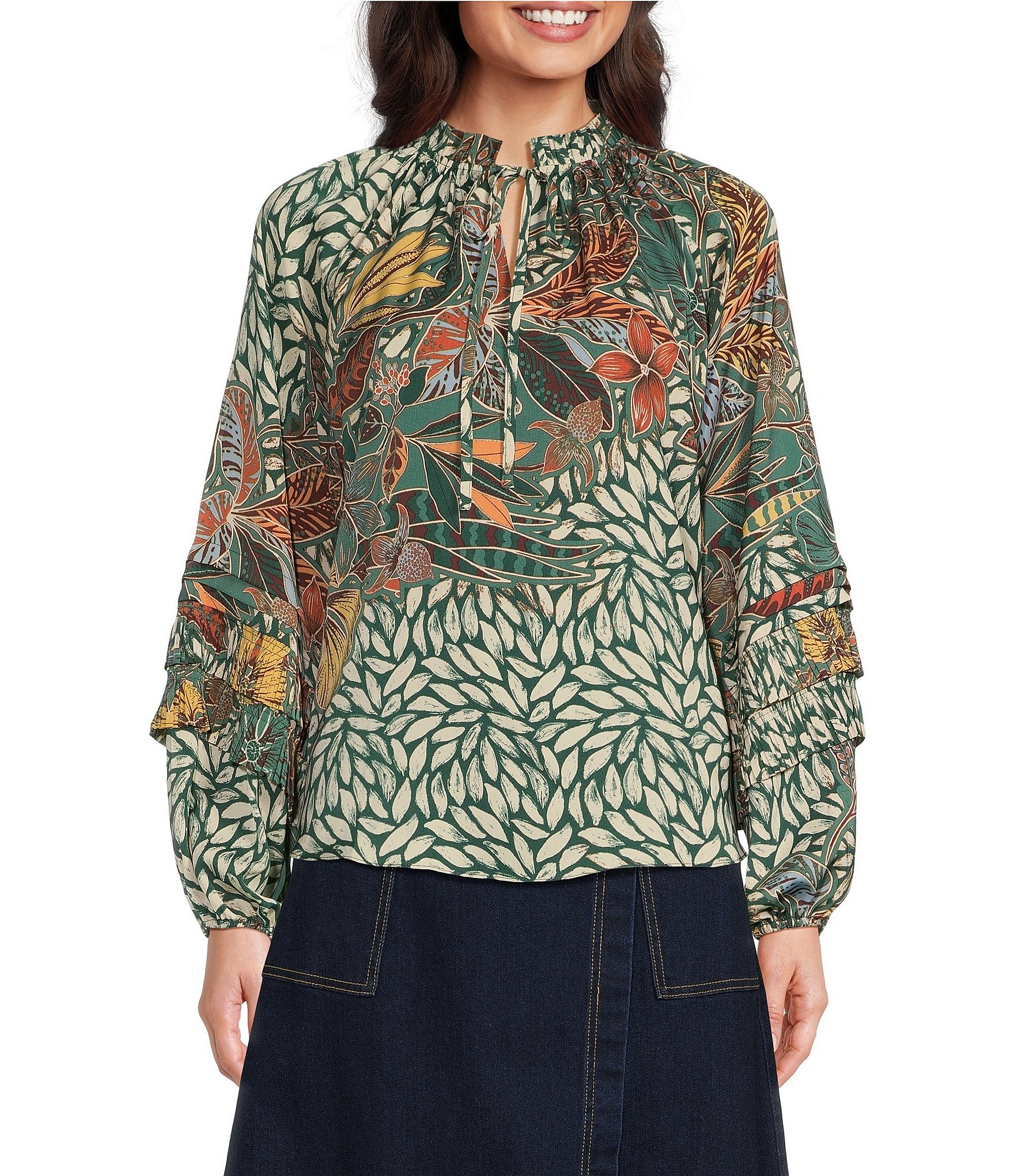 L' Atiste By Amy floral sheer boho mandarin collar balloon sleeves button online blouse