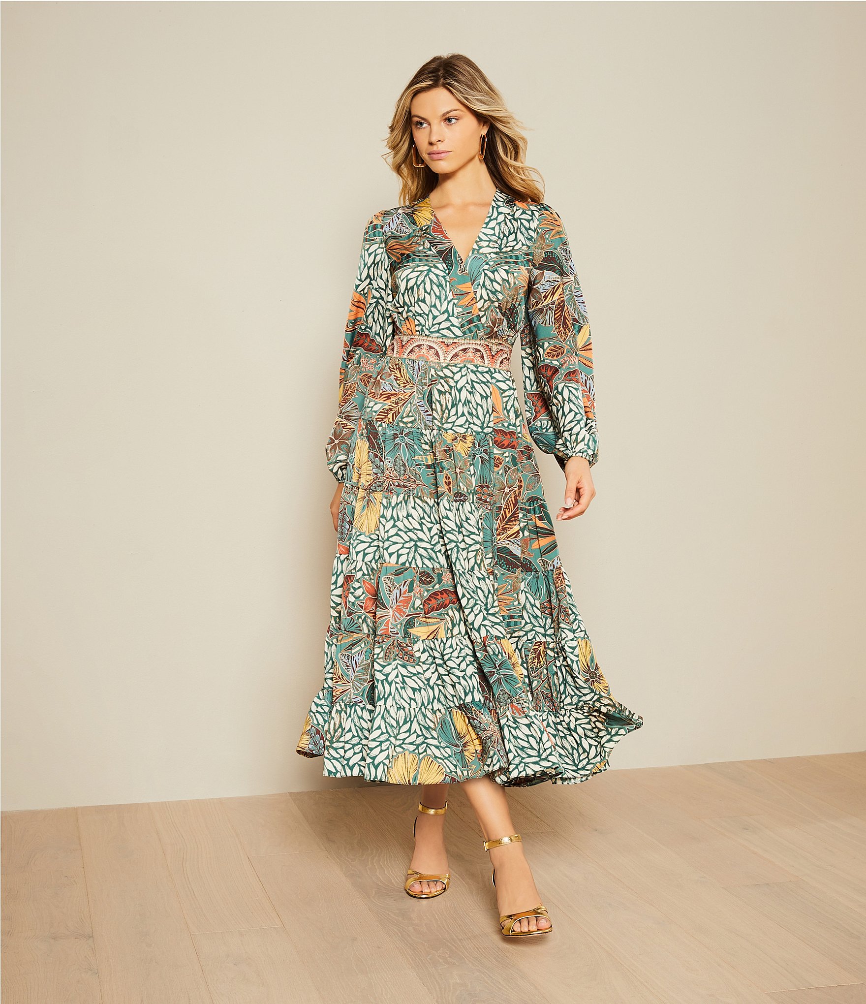 Gibson & Latimer Floral Leaf Print Tiered Long Sleeve Tie Waist Wrap Midi Dress