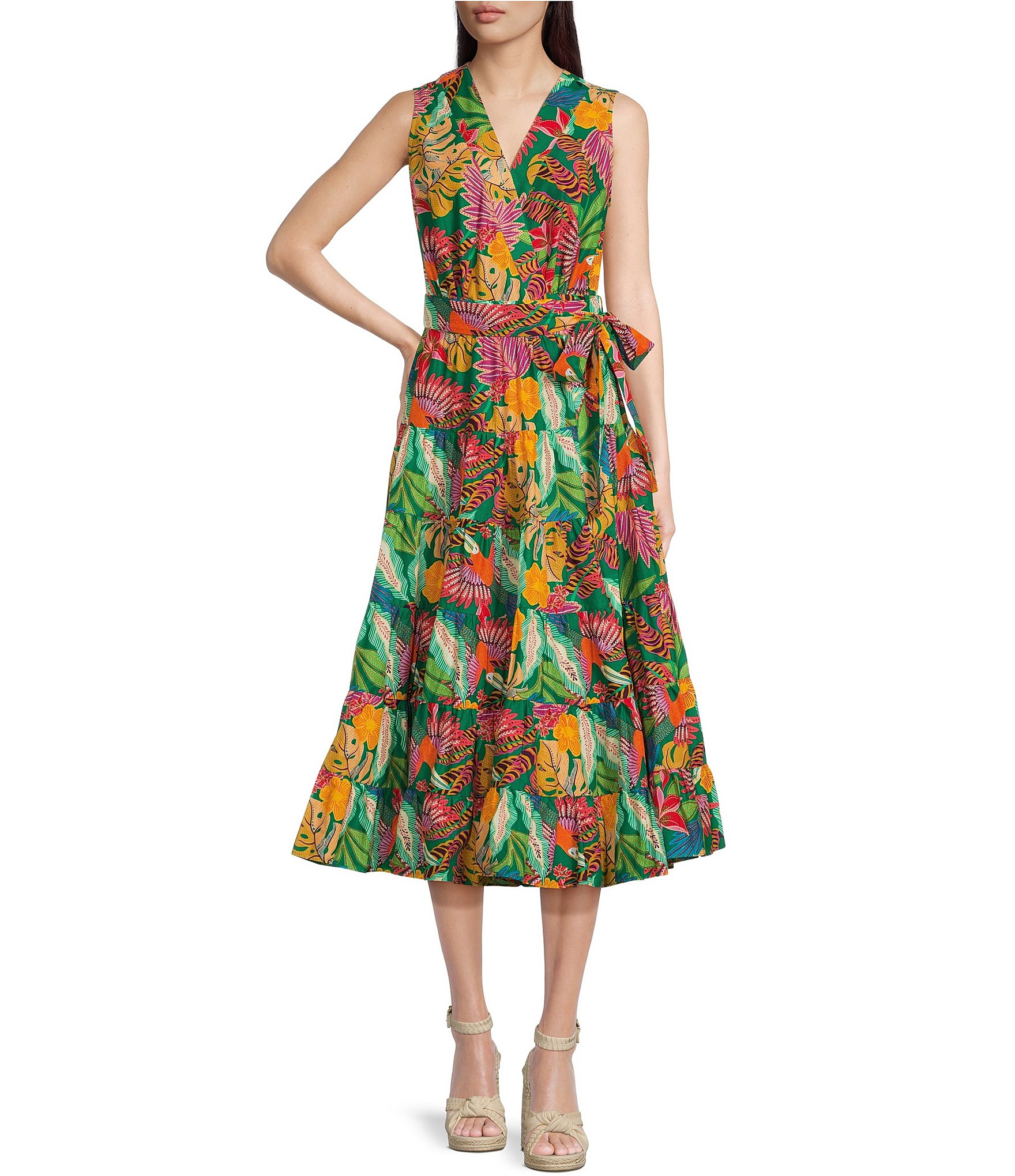 Gibson & Latimer Floral Printed Tiered Sleeveless Surplice V-Neck Tie Waist Wrap  Midi Dress | Dillard's