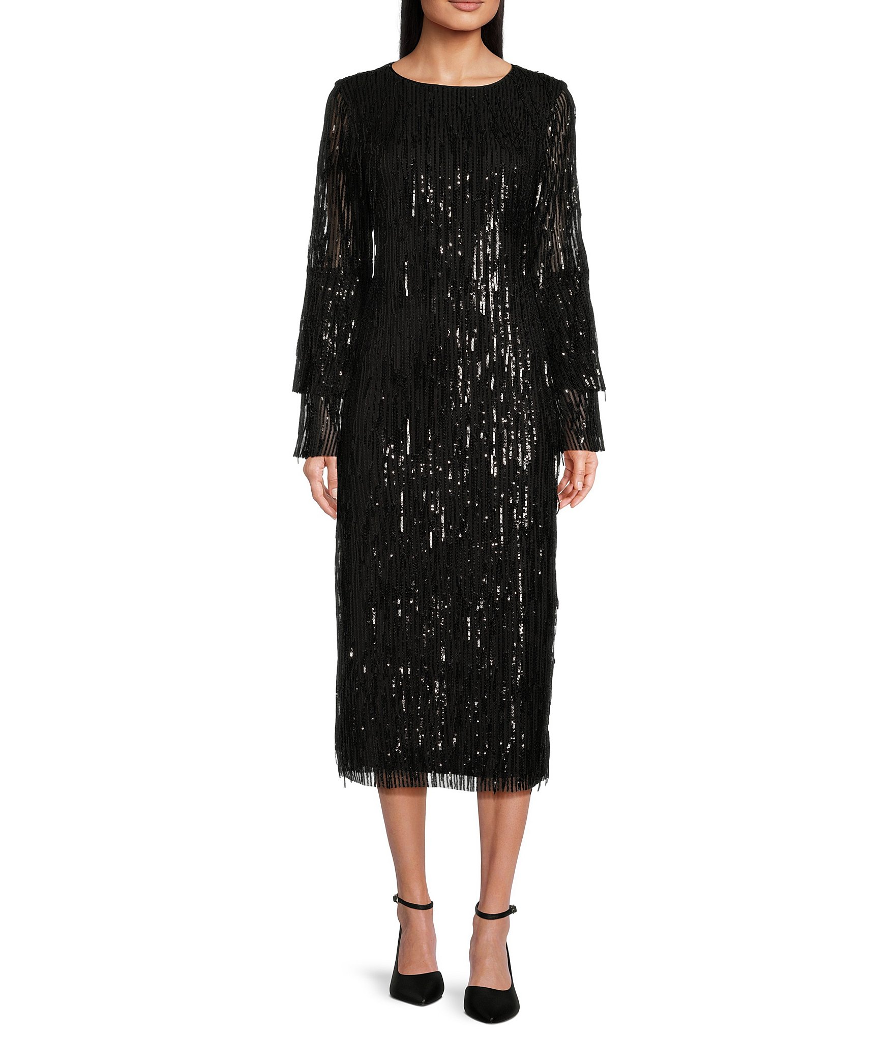 Gibson Latimer Long Bell Sleeve Boat Neck Sequin Midi Shift Dress