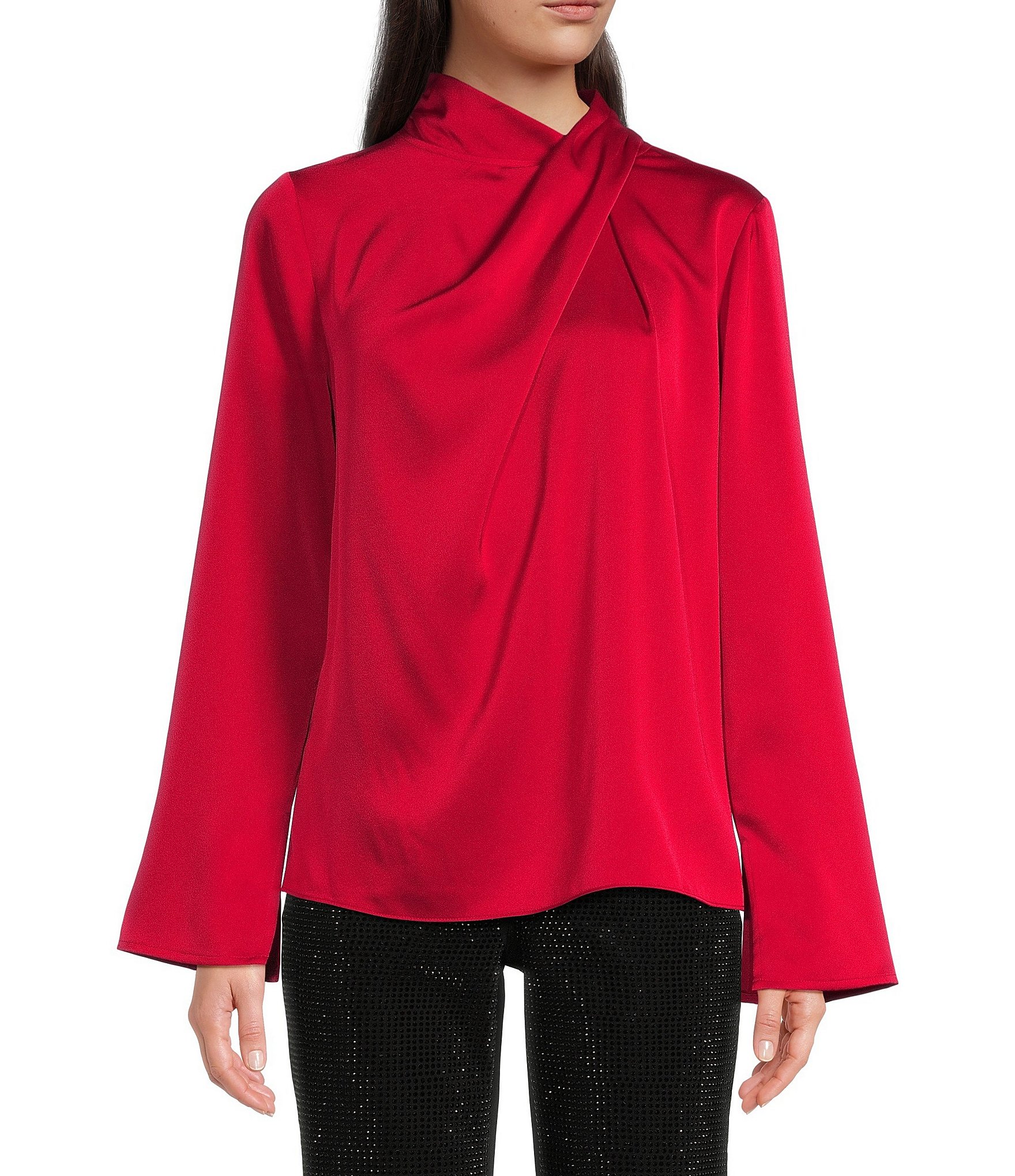 CeCe Mock Neck Long Blouson Sleeve Satin Blouse