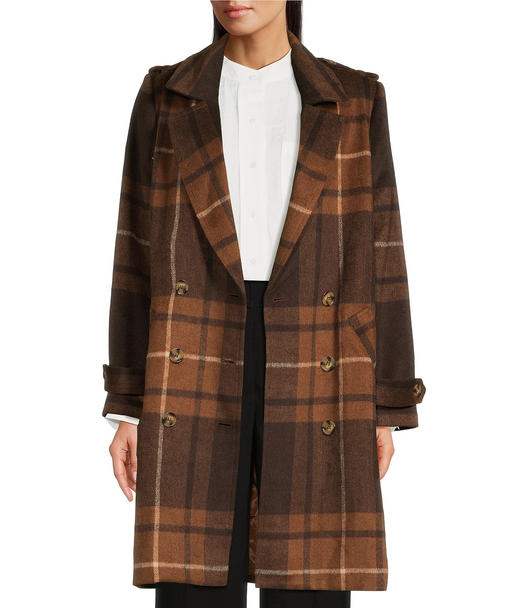 Gibson & Latimer Long Sleeve Double Breasted Plaid Wool Blend Trench ...