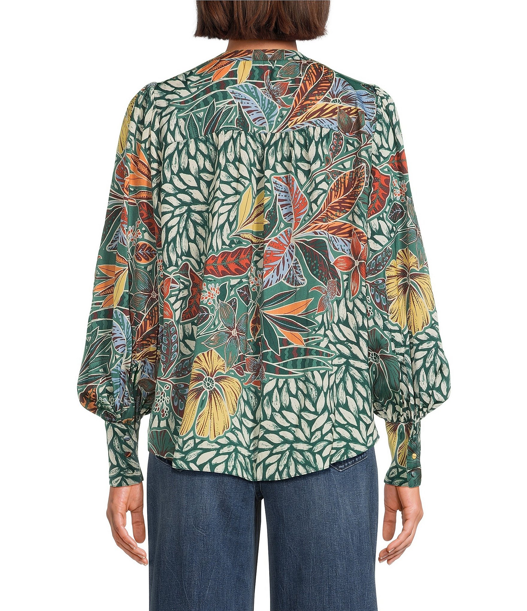 Gibson & Latimer Moonshadow Satin Leaf Print Split Round Neck Long Balloon Sleeve Blouse