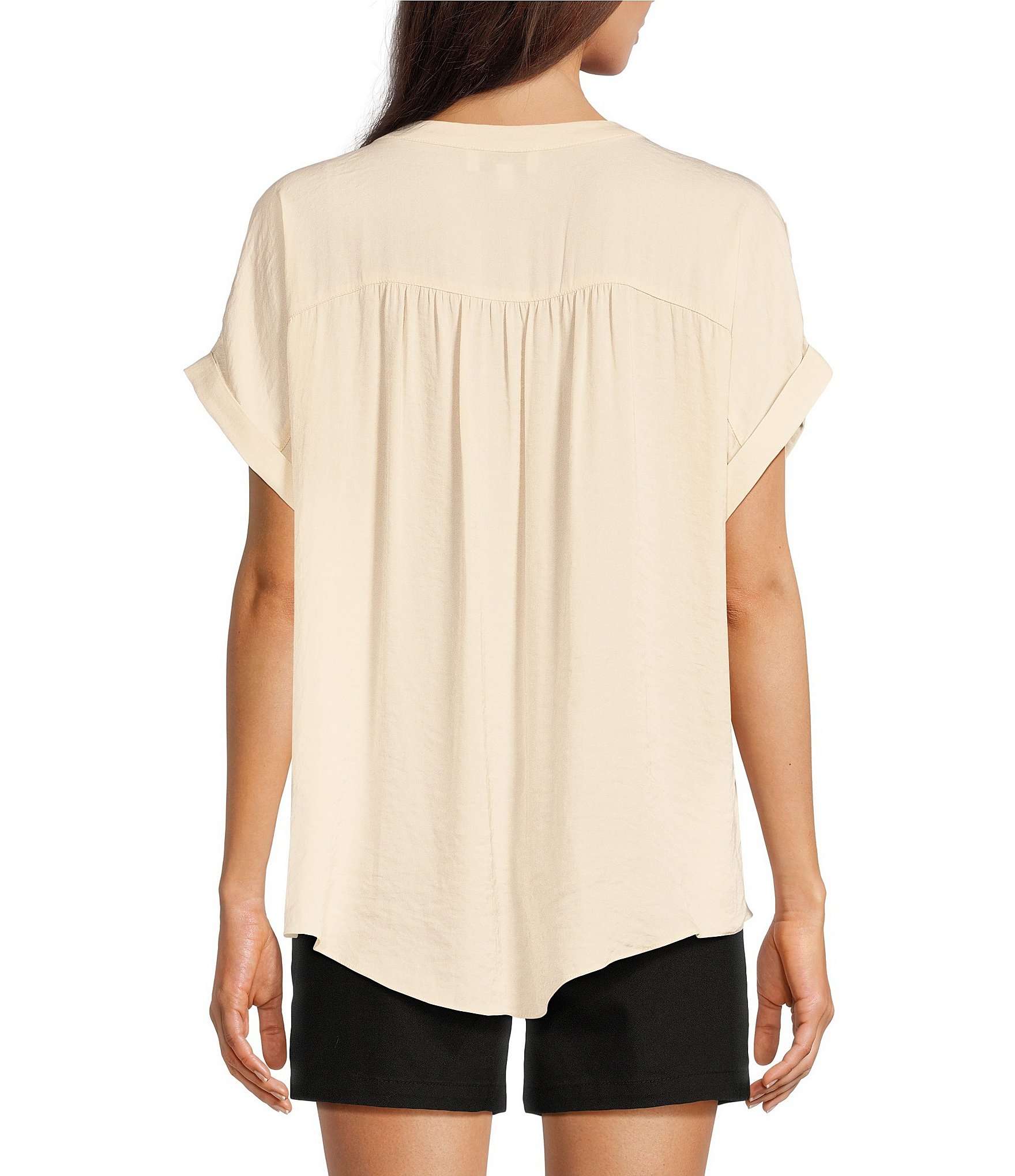 Gibson & Latimer Moonshadow Satin Split Round Neck Dropped Short Roll Tab Sleeve Hi-Low Shirttail Blouse