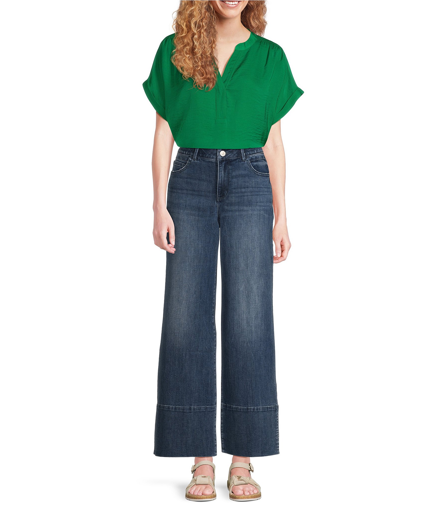 Gibson & Latimer Moonshadow Satin Split Round Neck Dropped Short Roll Tab Sleeve Hi-Low Shirttail Blouse