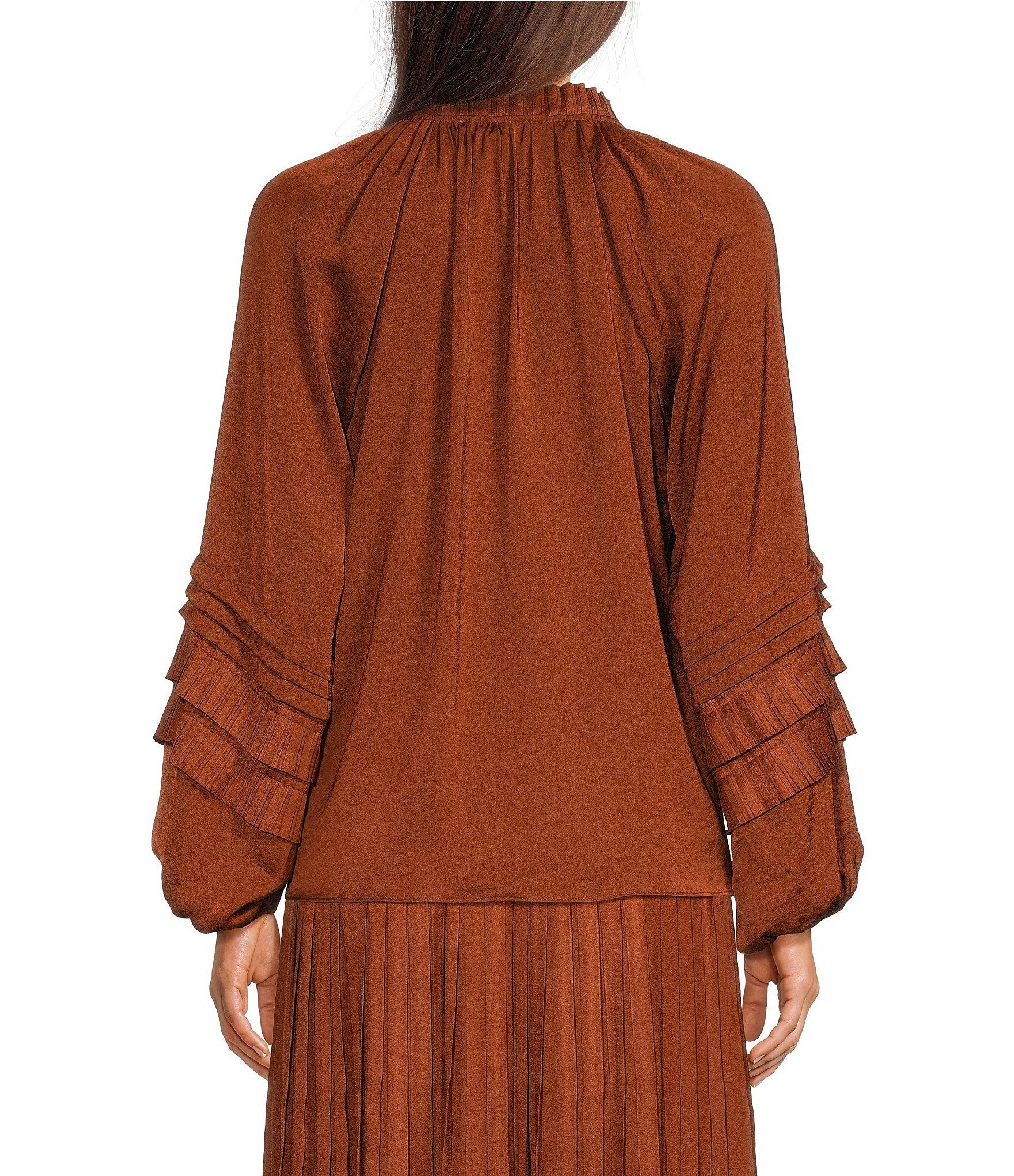 Gibson & Latimer Moonshadow Satin Tie Front Split Round Neck Long Peasant Ruffled Sleeve Woven Top