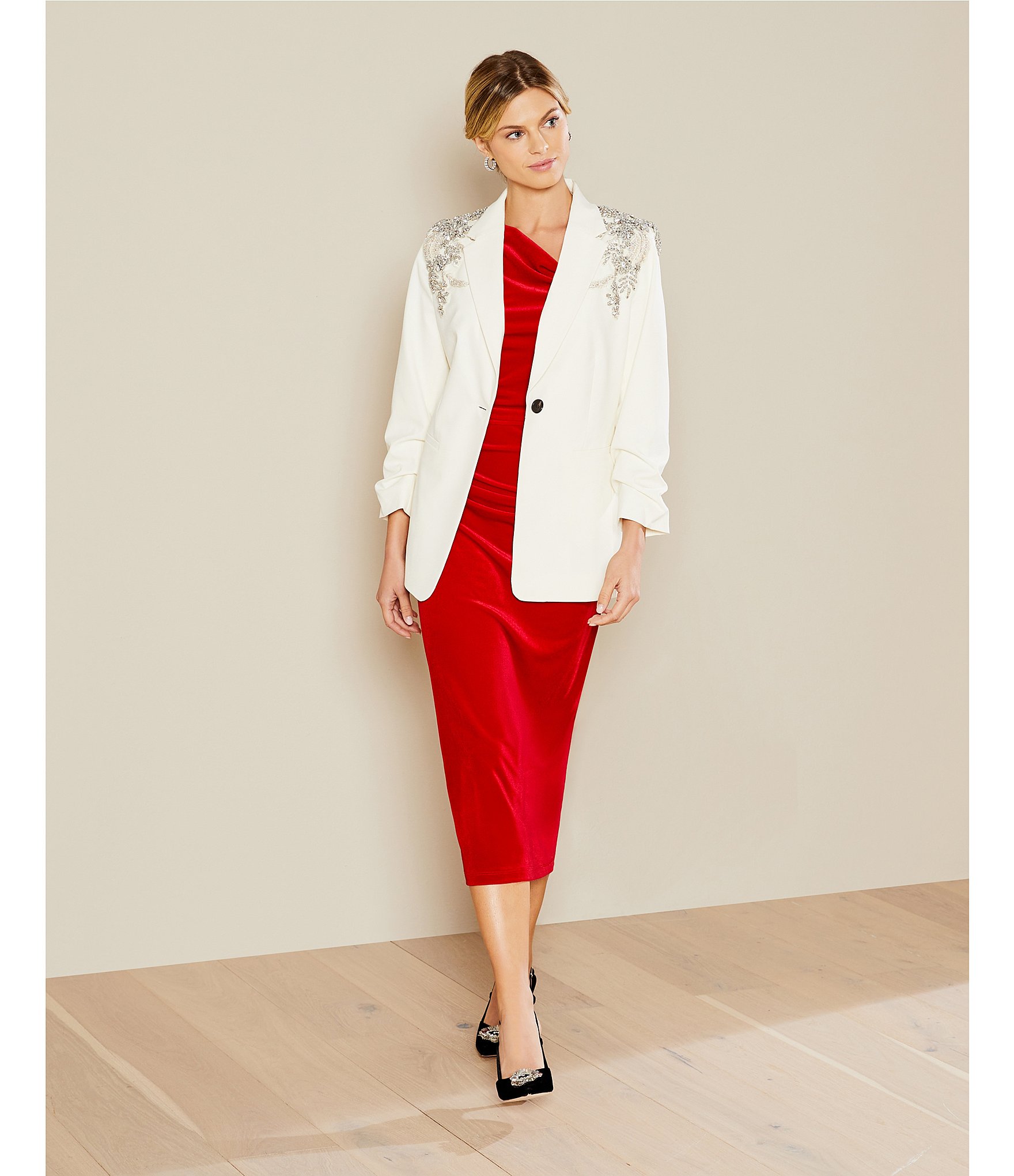 Gibson & Latimer Woven Suiting Embellished Rhinestone Notch Lapel Collar Button Front Ruched Midi Sleeve Long Line Blazer