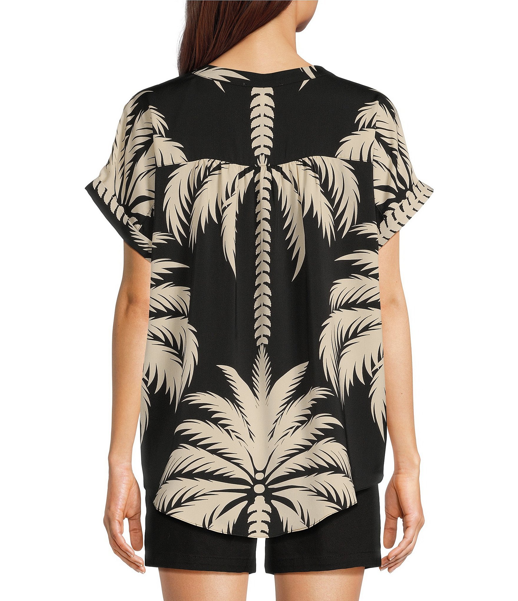 Gibson & Latimer Palm Tropical Print Moonshadow Satin Split Round Neck Dropped Short Roll Tab Sleeve Hi-Low Shirttail Blouse