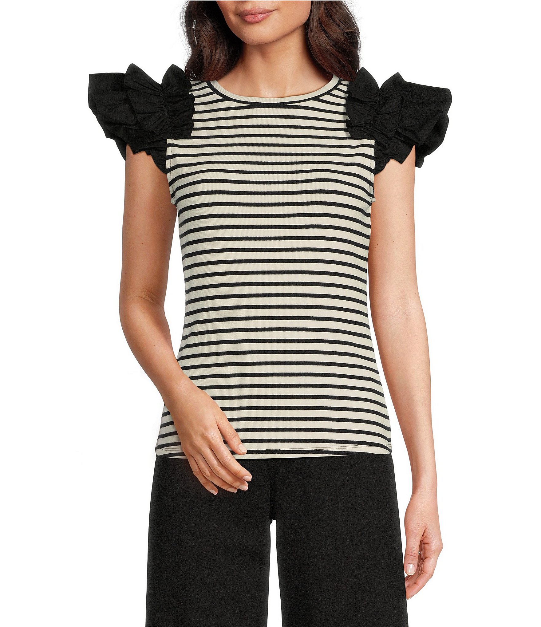 Gibson & Latimer Striped Ribbed Knit Crew Neck Contrasting Poplin Ruffled Short Sleeve Top