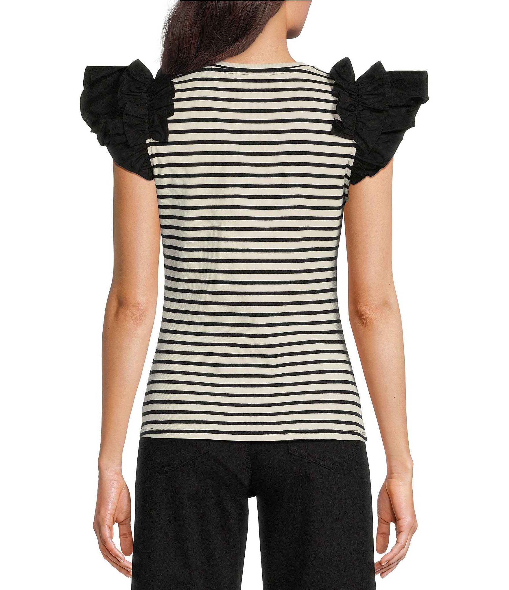 Gibson & Latimer Striped Ribbed Knit Crew Neck Contrasting Poplin Ruffled Short Sleeve Top