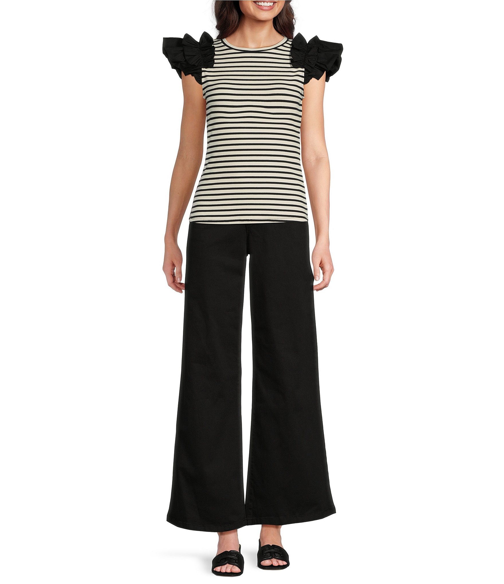 Gibson & Latimer Striped Ribbed Knit Crew Neck Contrasting Poplin Ruffled Short Sleeve Top