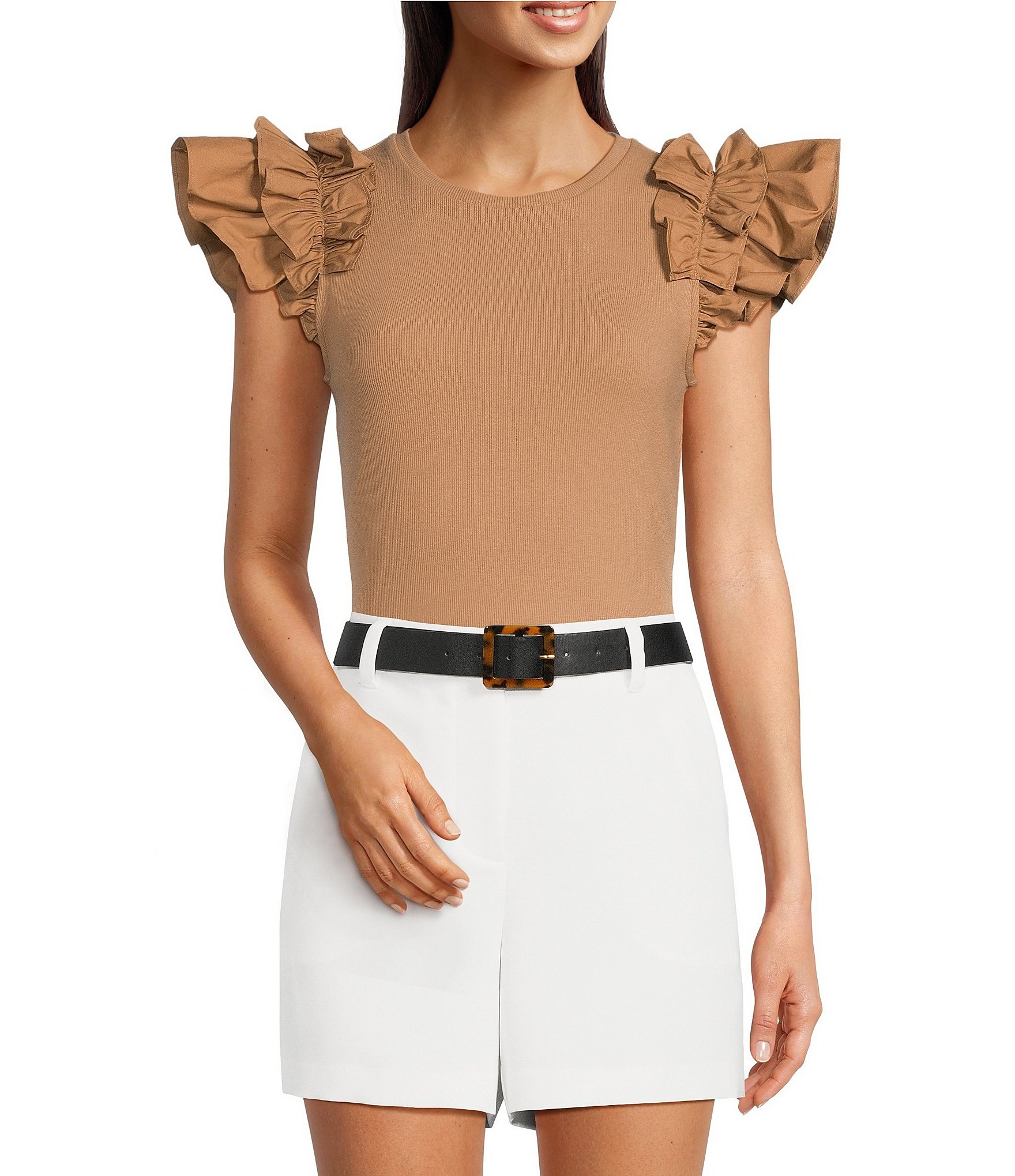 Gibson & Latimer Ribbed Knit Crew Neck Contrasting Poplin Ruffled Short Sleeve Top