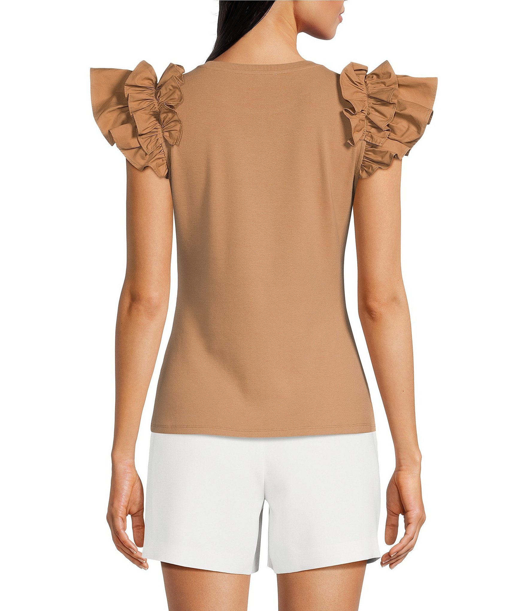 Gibson & Latimer Ribbed Knit Crew Neck Contrasting Poplin Ruffled Short Sleeve Top
