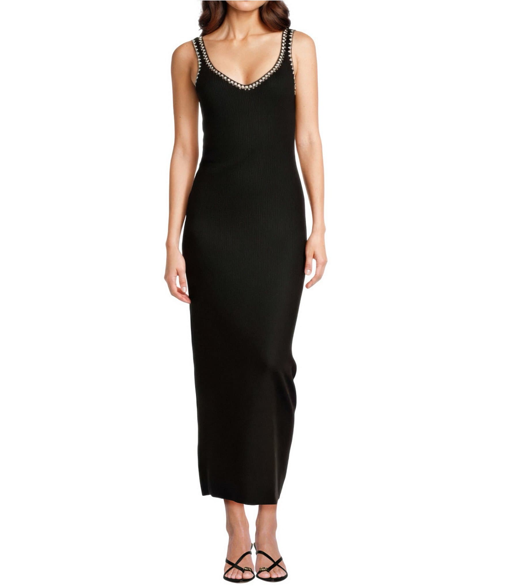 Gibson & Latimer Ribbed Knit Crochet V-Neck Tank Strap Bodycon Midi Dress