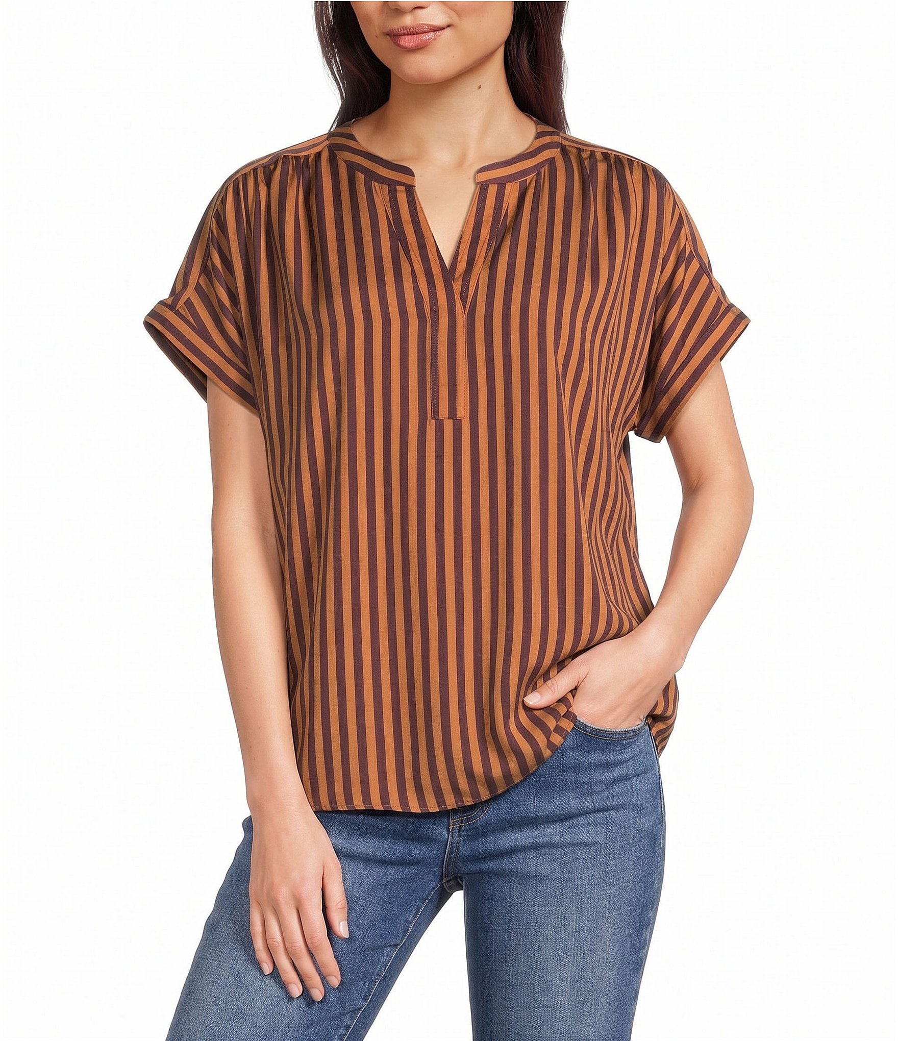 Gibson & Latimer Stripe Split V-Neck Cap Sleeve Woven Blouse