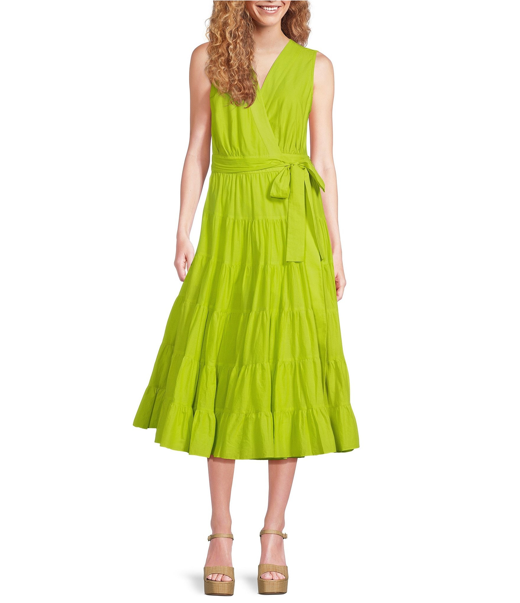 Gibson & Latimer Tiered Sleeveless Tie Waist Wrap Midi Dress | Dillard's