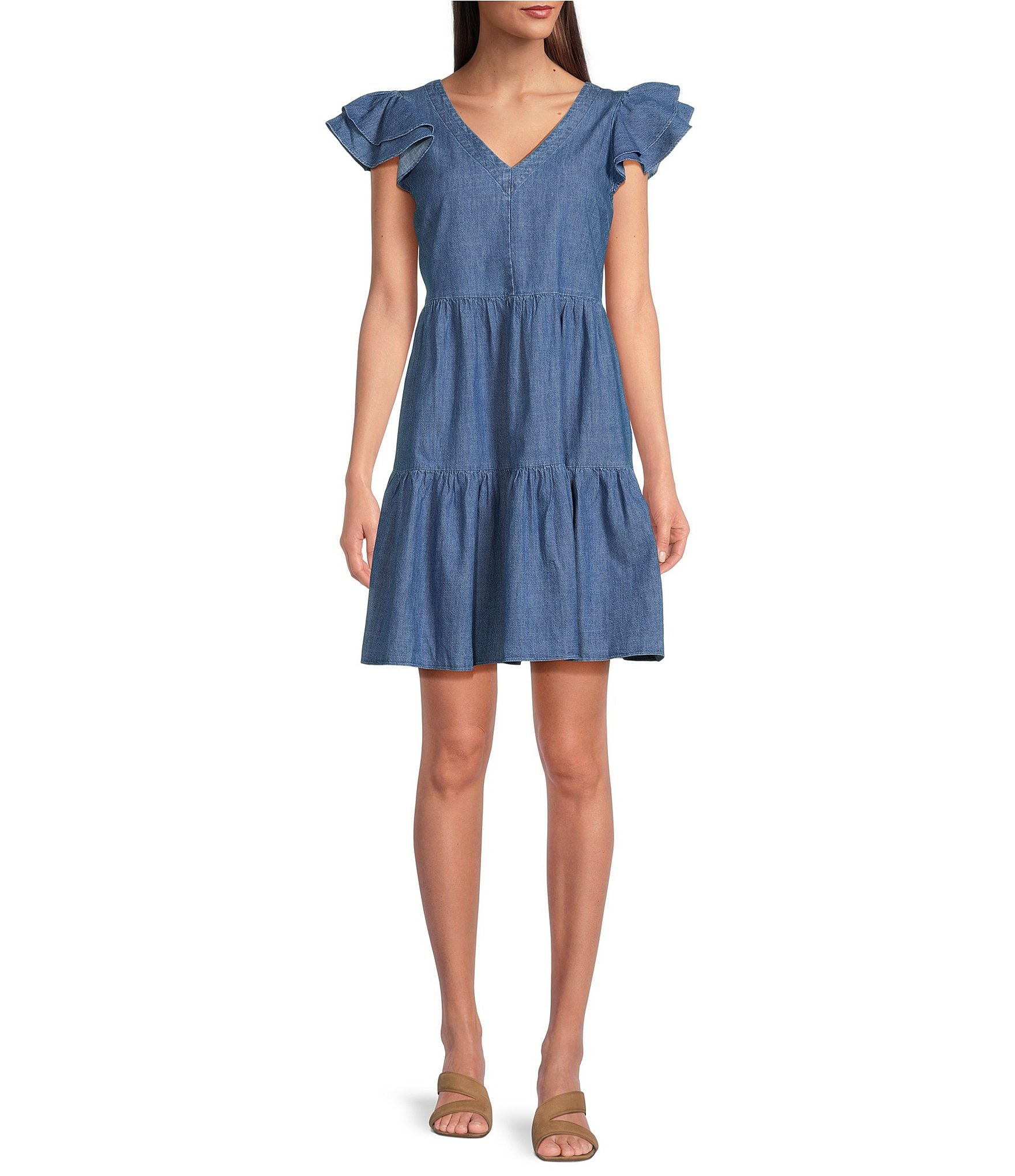 Gibson & Latimer V-Neck Ruffle Cap Sleeve A-Line Tiered Chambray Dress ...