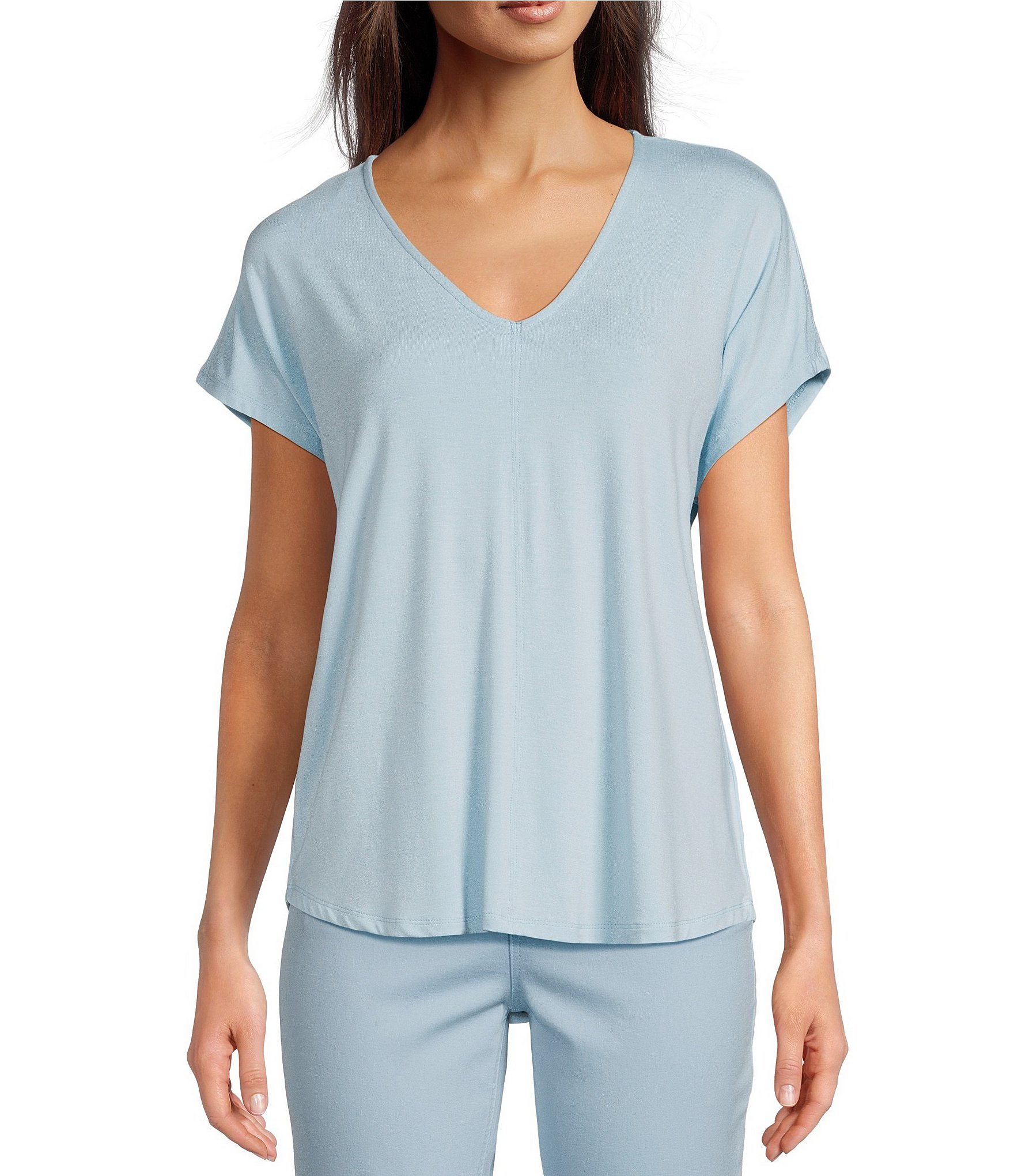 Gibson & Latimer Knit V-Neck Dropped Short Sleeve Shell Shirttail Tee Shirt