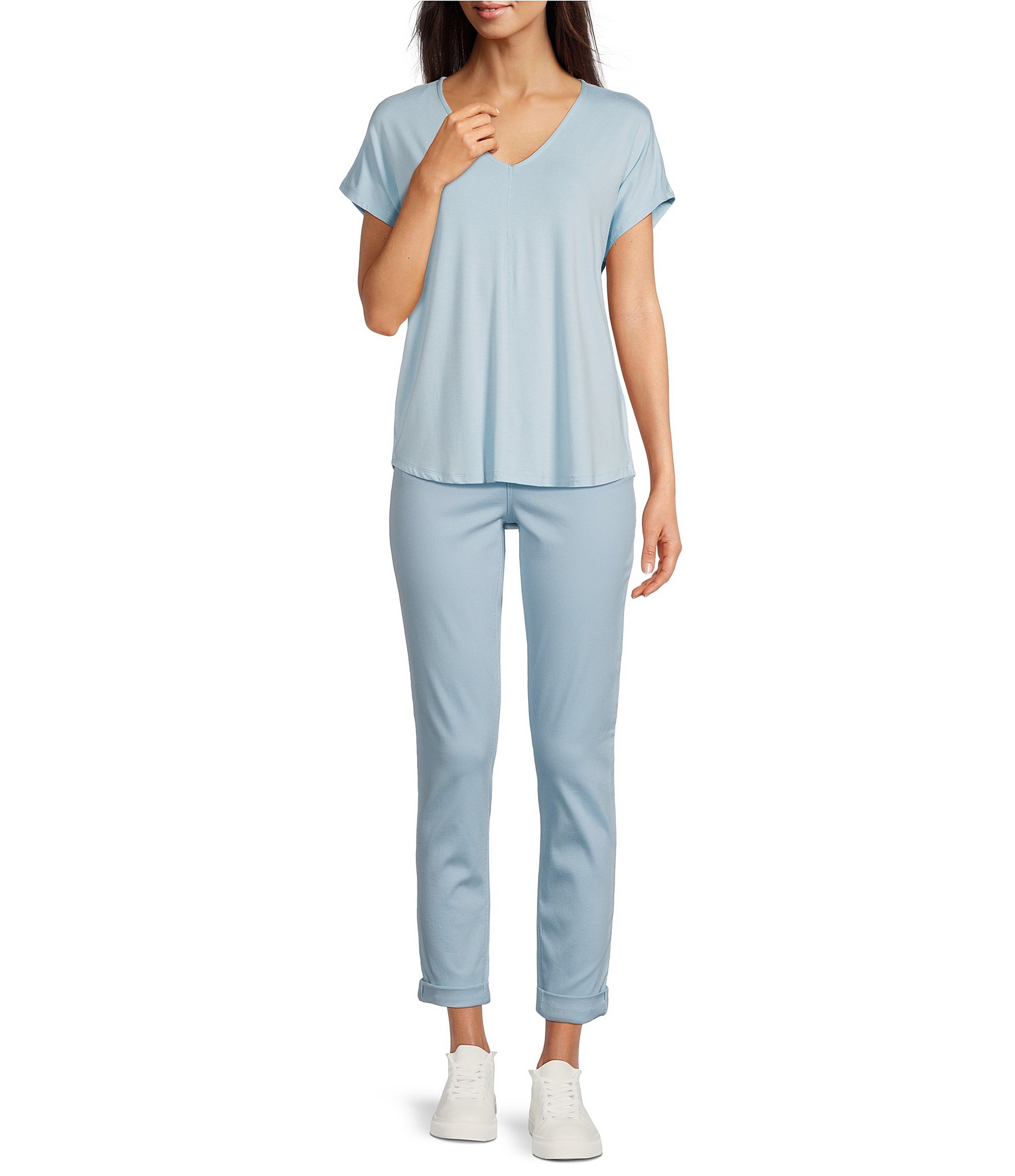 Gibson & Latimer Knit V-Neck Dropped Short Sleeve Shell Shirttail Tee Shirt