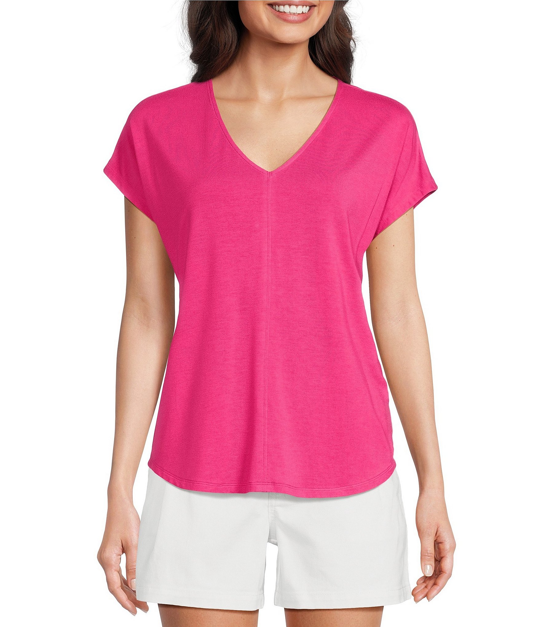 Gibson & Latimer Knit V-Neck Dropped Short Sleeve Shell Shirttail Tee Shirt