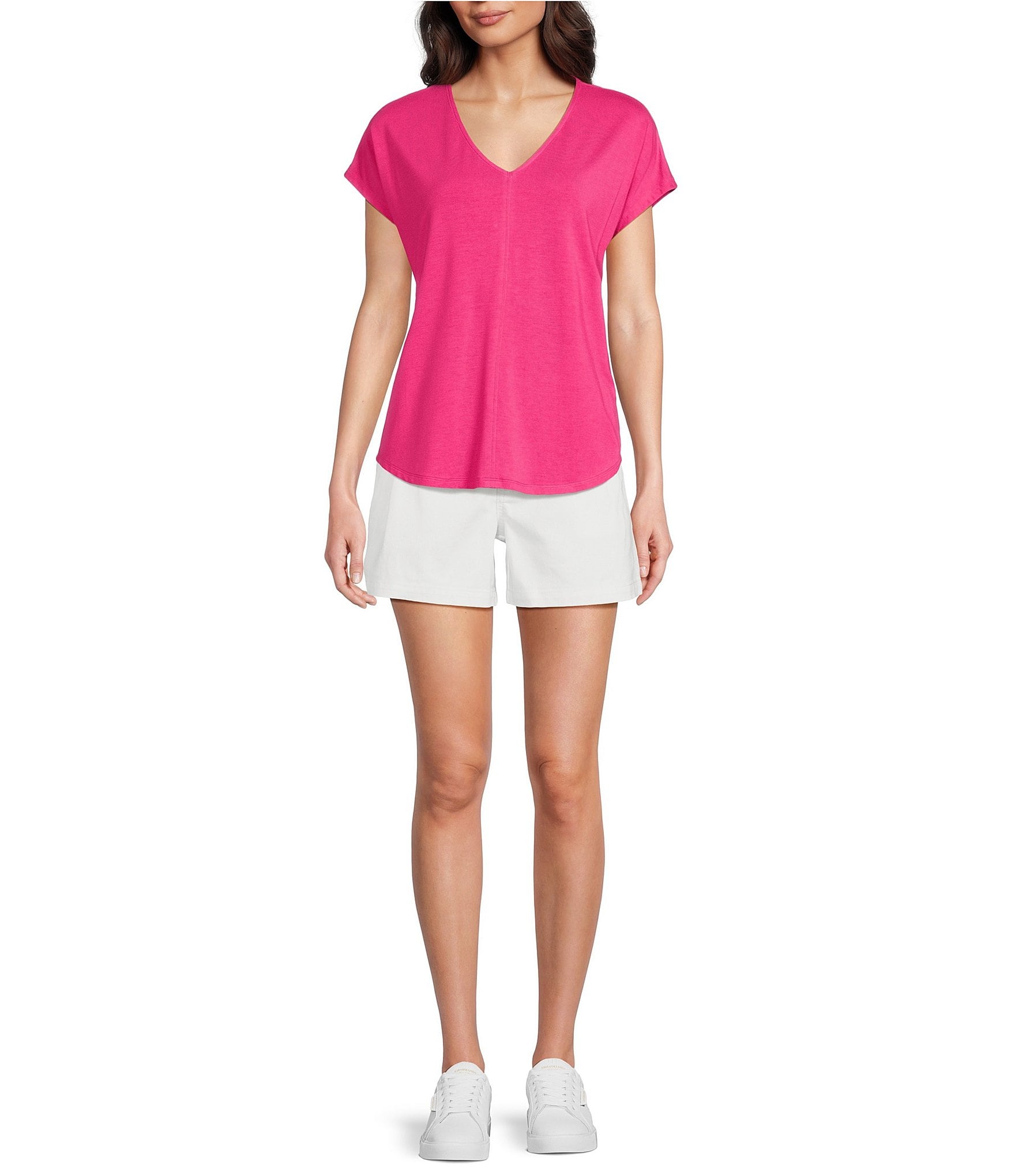 Gibson & Latimer Knit V-Neck Dropped Short Sleeve Shell Shirttail Tee Shirt