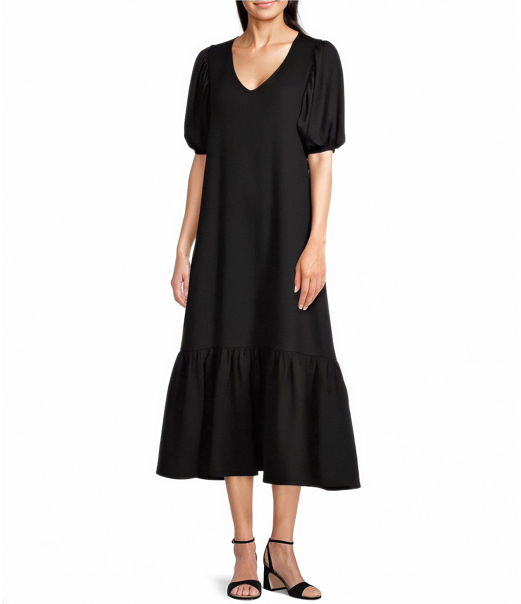 Gibson & Latimer Crepe Waffle Knit V-Neck Tie Back Detail Puffed Short Sleeve Tiered A-Line Flounce Midi Dres
