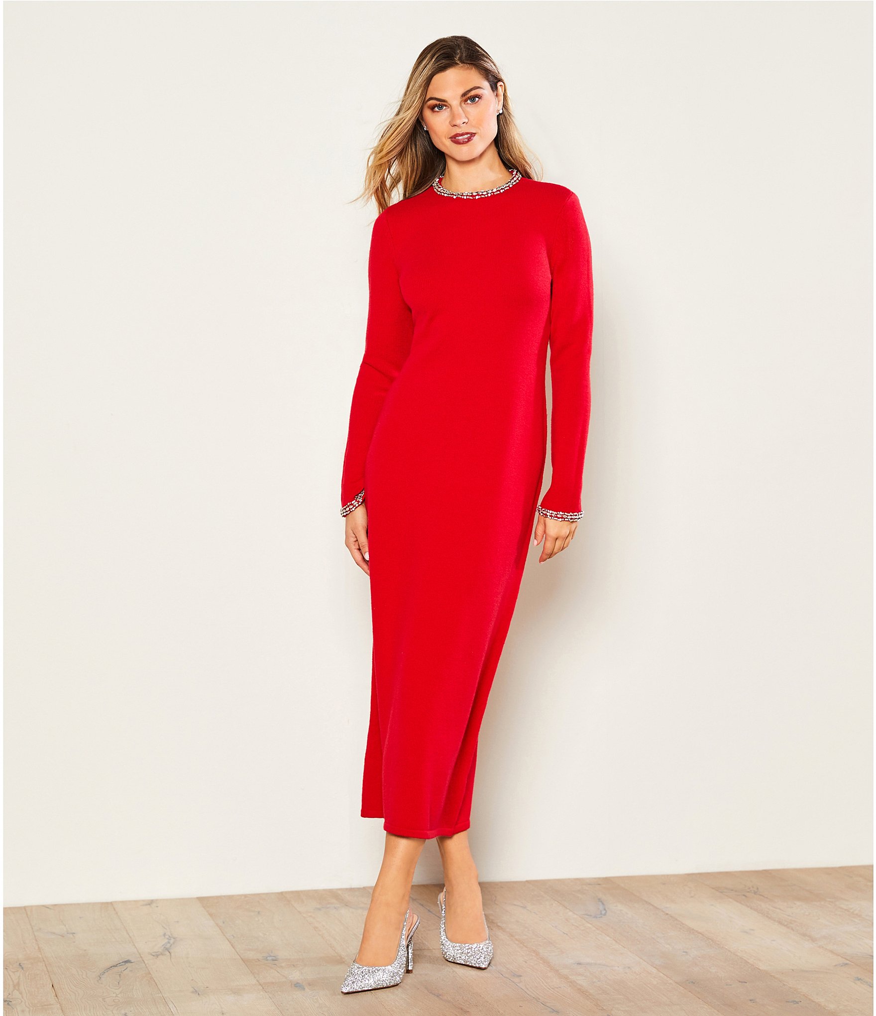 Gibson & Latimer Wool Blend Knit Beaded Round Neck Long Sleeve Shift Midi Dress