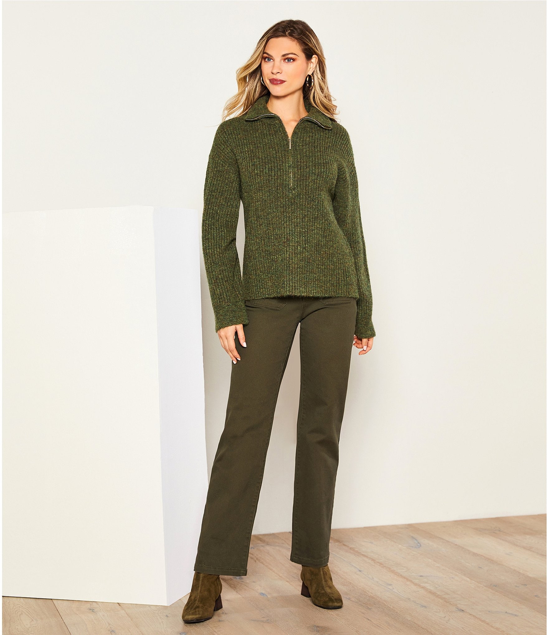 Gibson & Latimer Wool Blend Knit Mock Quarter Zip Dropped Long Wide Sleeve Pullover Sweater