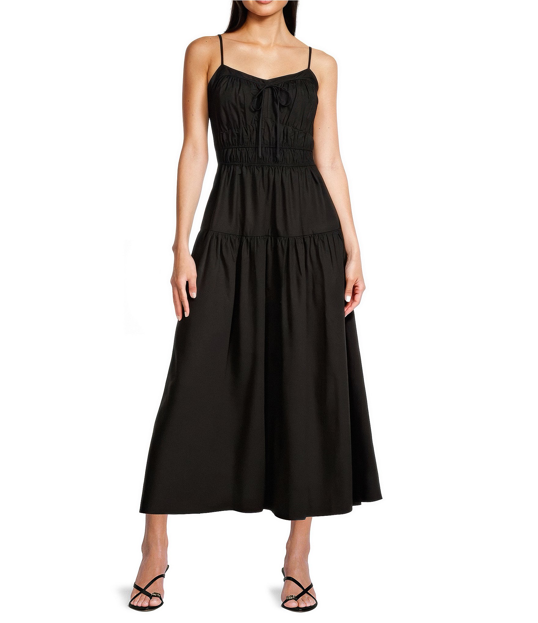 Gibson & Latimer Woven Scoop Tie Neck Spaghetti Strap Smocked Bodice Drop Waist A-Line Flounce Maxi Dress