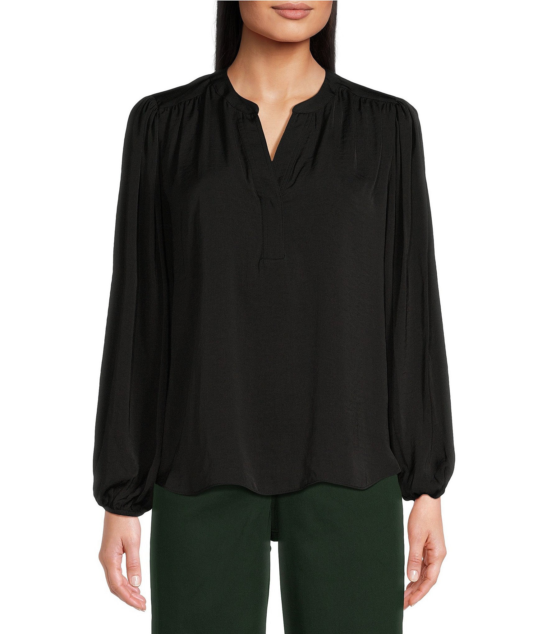 Gibson & Latimer Woven Split Neck Long Balloon Sleeve Blouse