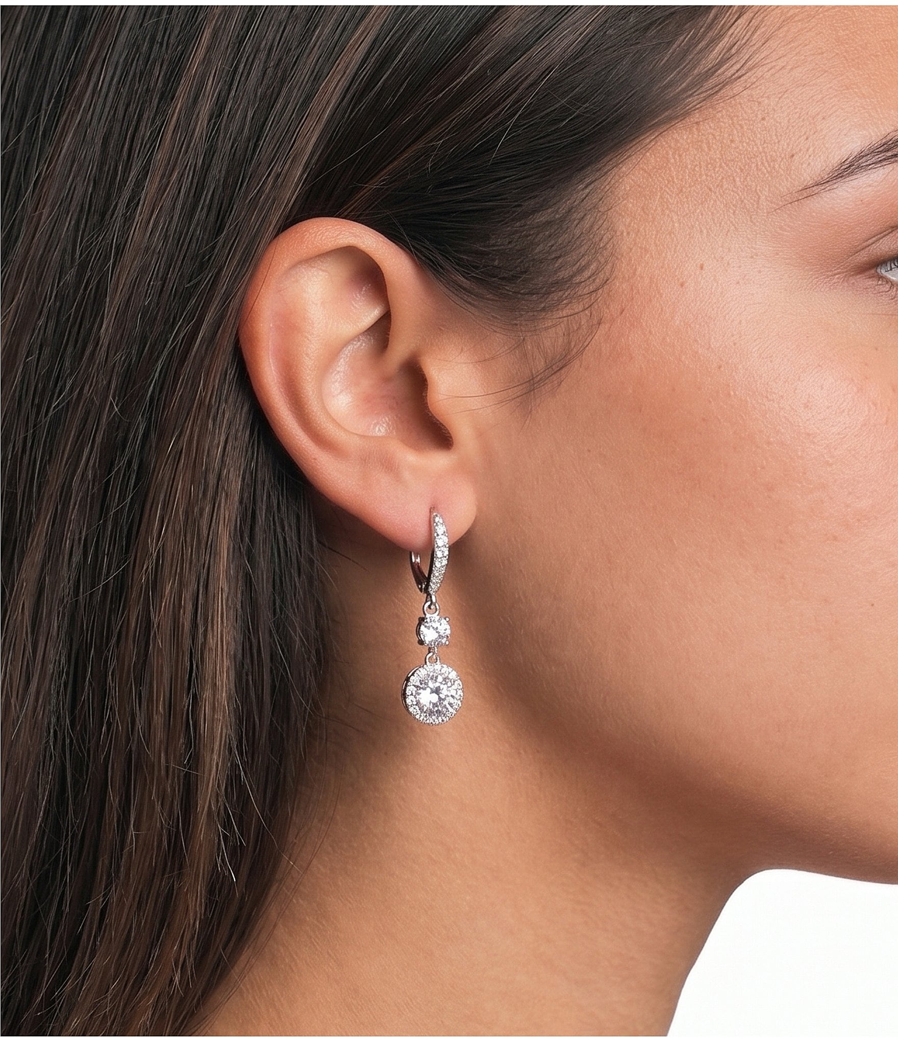 Givenchy Silver Tone Crystal CZ Halo Double Drop Earrings